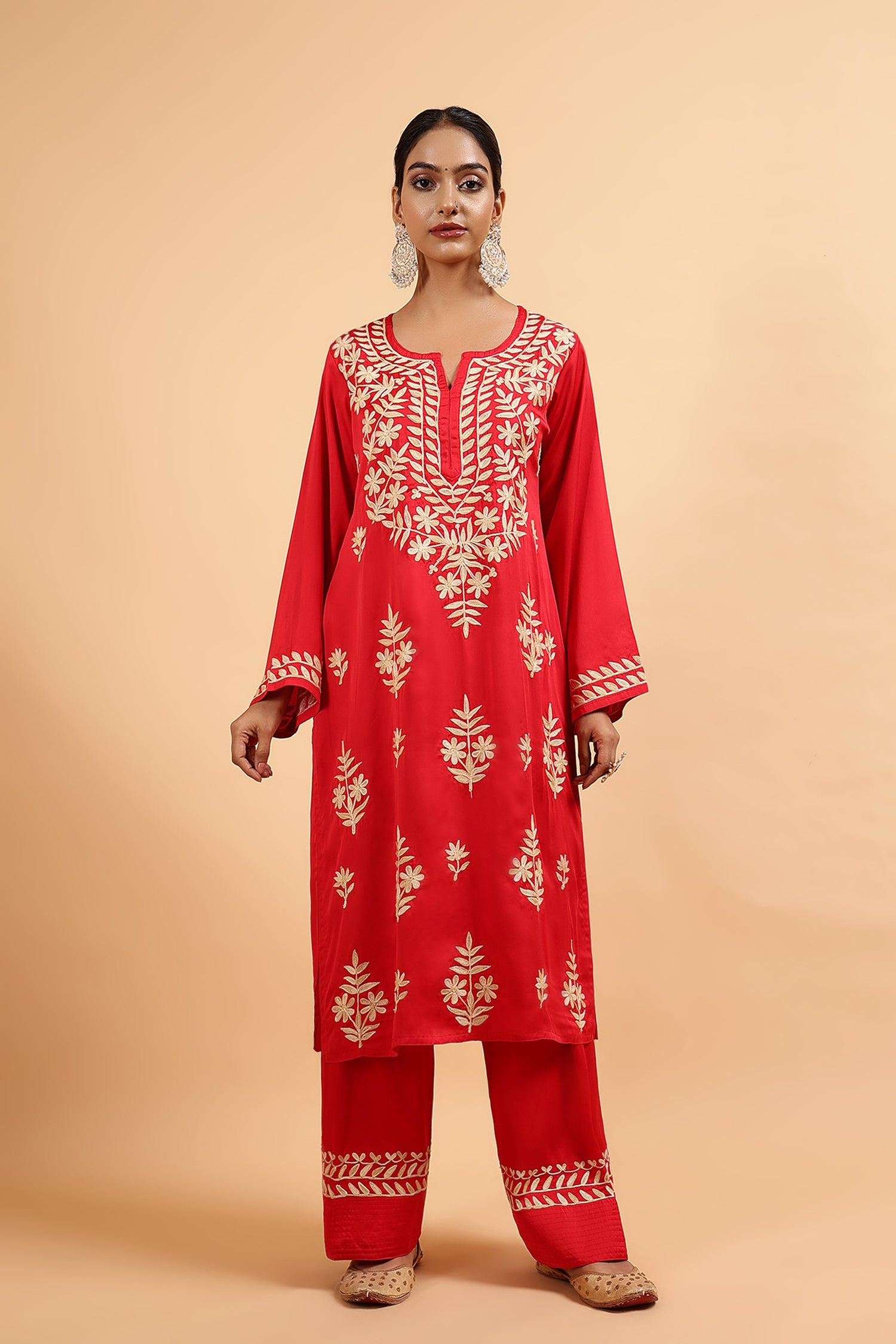 Kashmiri Aari Embroidered Kurta Set with Farsi Pants in Red Satin Silk