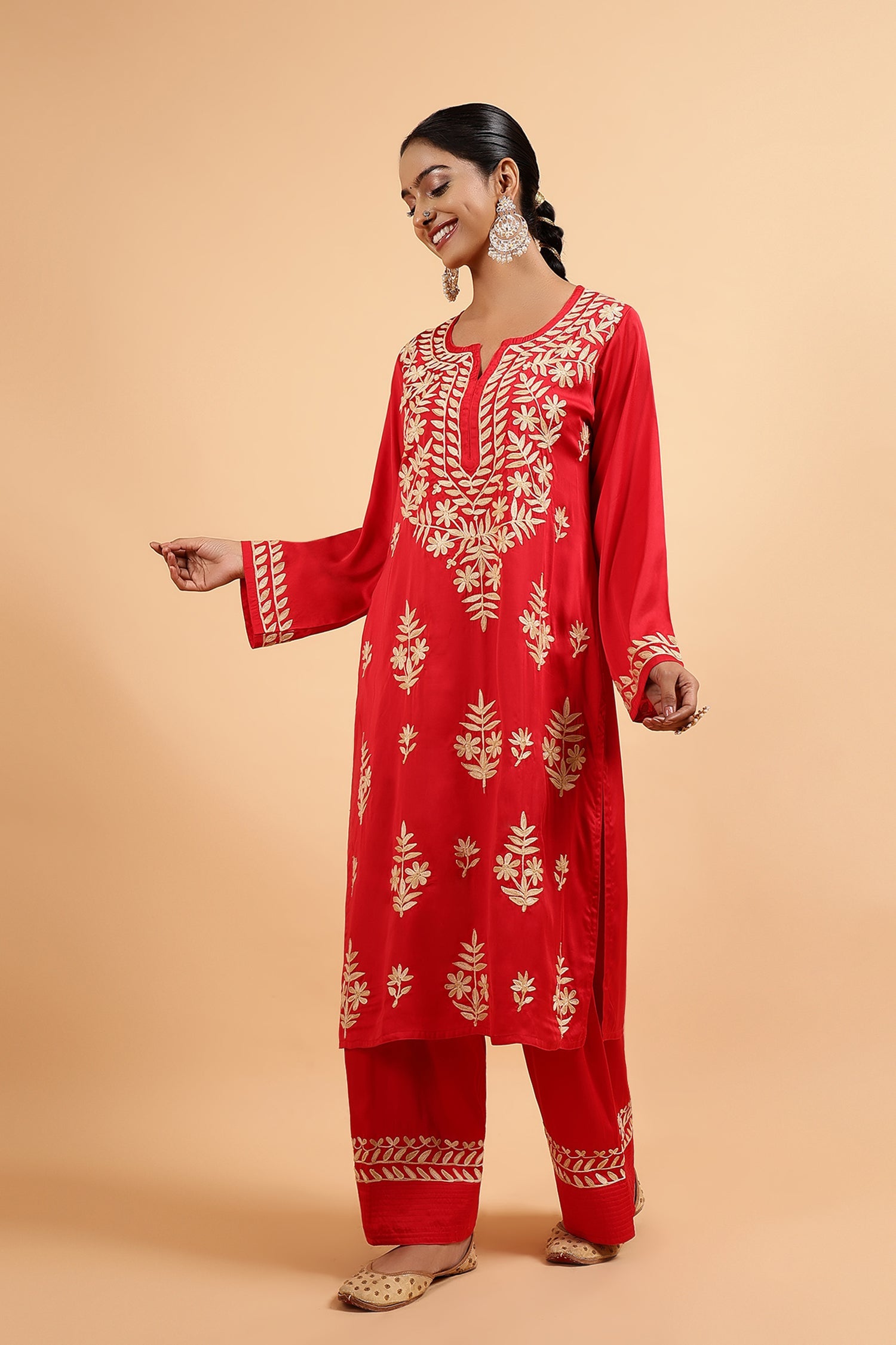 Kashmiri Aari Embroidered Kurta Set with Farsi Pants in Red Satin Silk