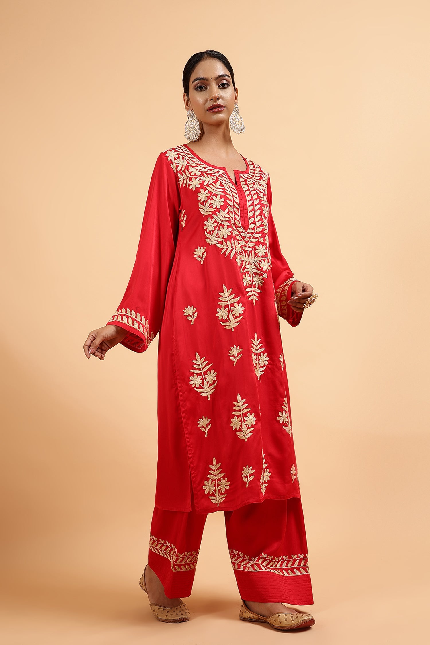 Kashmiri Aari Embroidered Kurta Set with Farsi Pants in Red Satin Silk