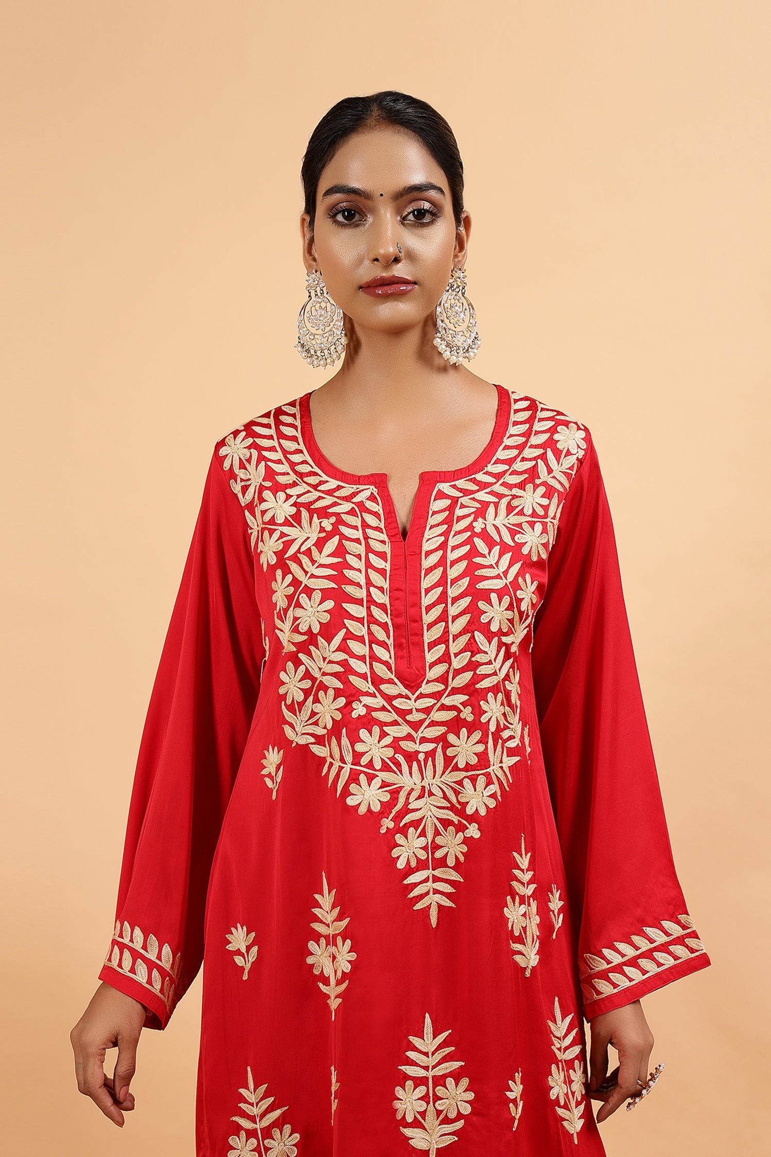 Kashmiri Aari Embroidered Kurta Set with Farsi Pants in Red Satin Silk