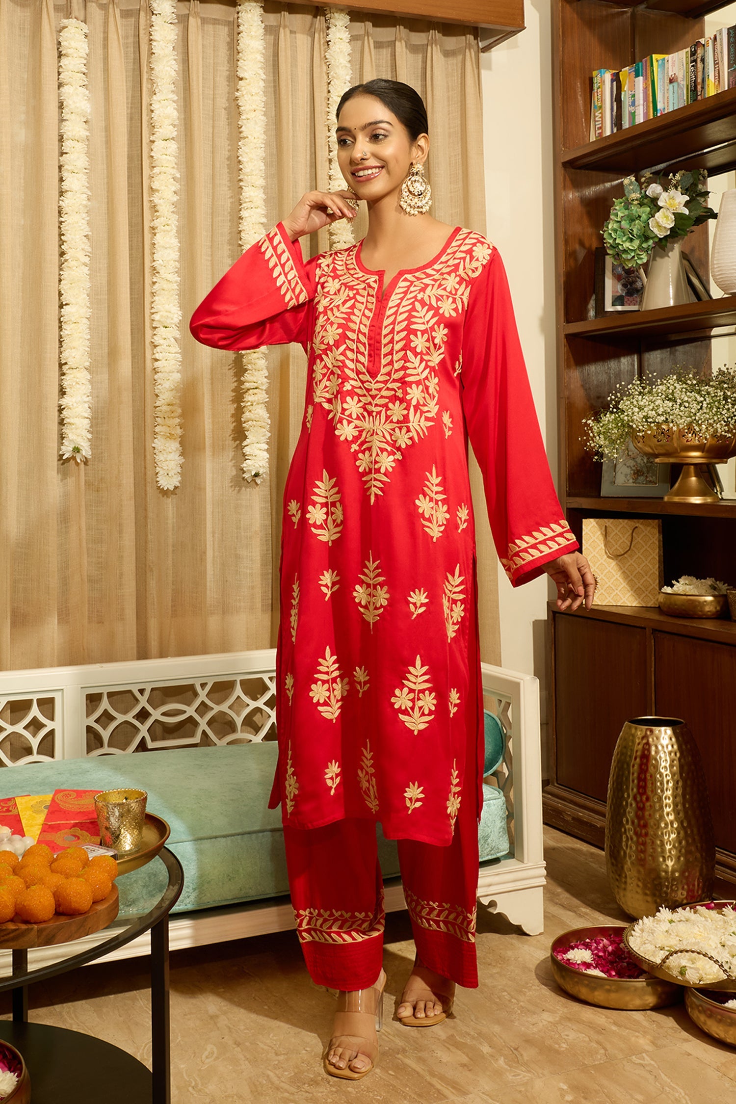 Kashmiri Aari Embroidered Kurta Set with Farsi Pants in Red Satin Silk