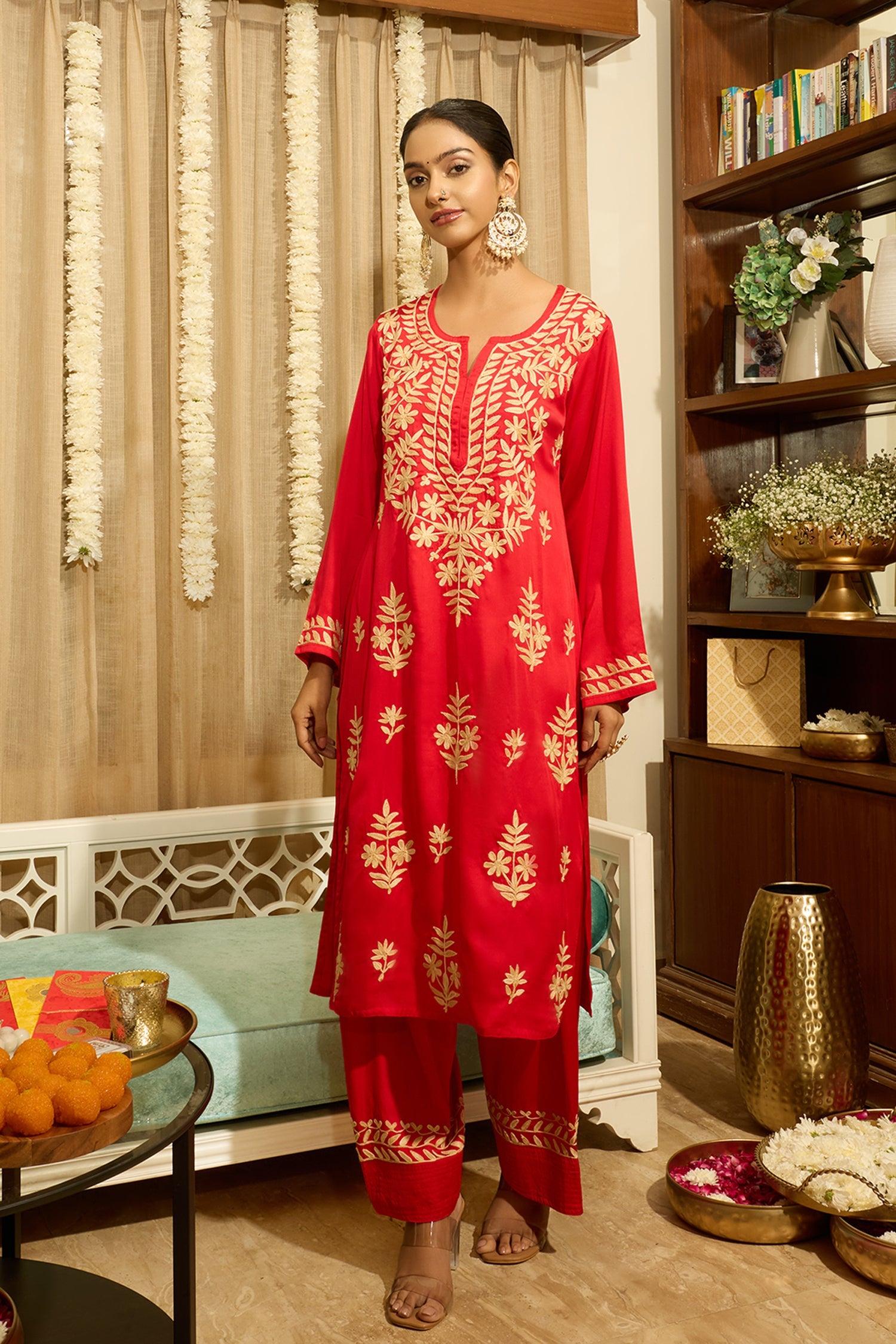 Kashmiri Aari Embroidered Kurta Set with Farsi Pants in Red Satin Silk