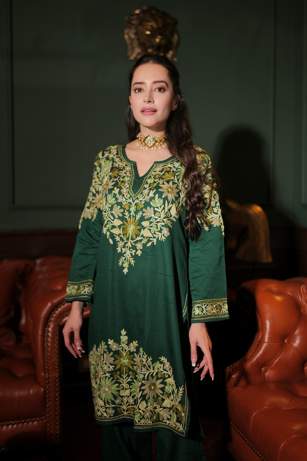 Komal X HOK Kashmiri Aari Embroidered Kurta Set with Bellbottom Pants in Green Cotton Silk
