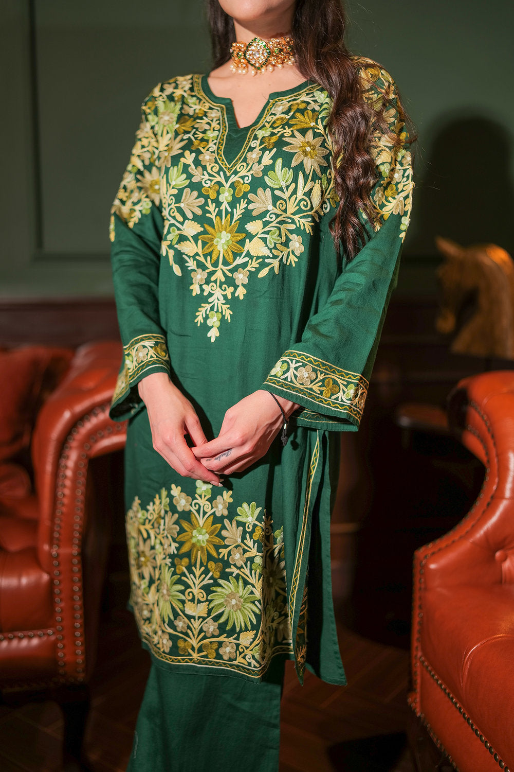 Komal X HOK Kashmiri Aari Embroidered Kurta Set with Bellbottom Pants in Green Cotton Silk