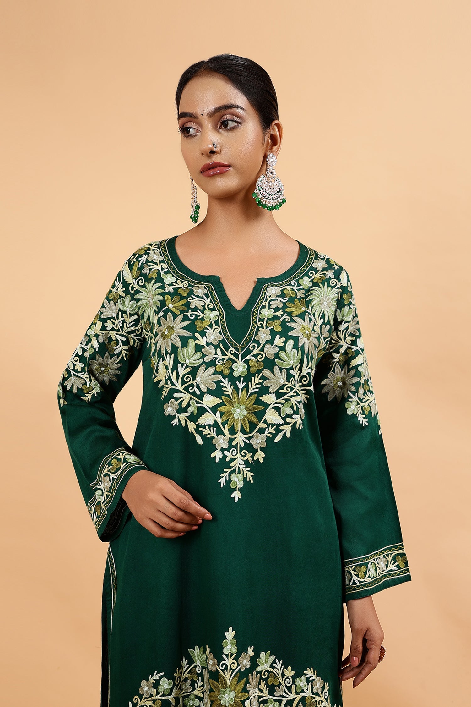 Kashmiri Aari Embroidered Kurta Set with Bellbottom Pants in Green Cotton Silk