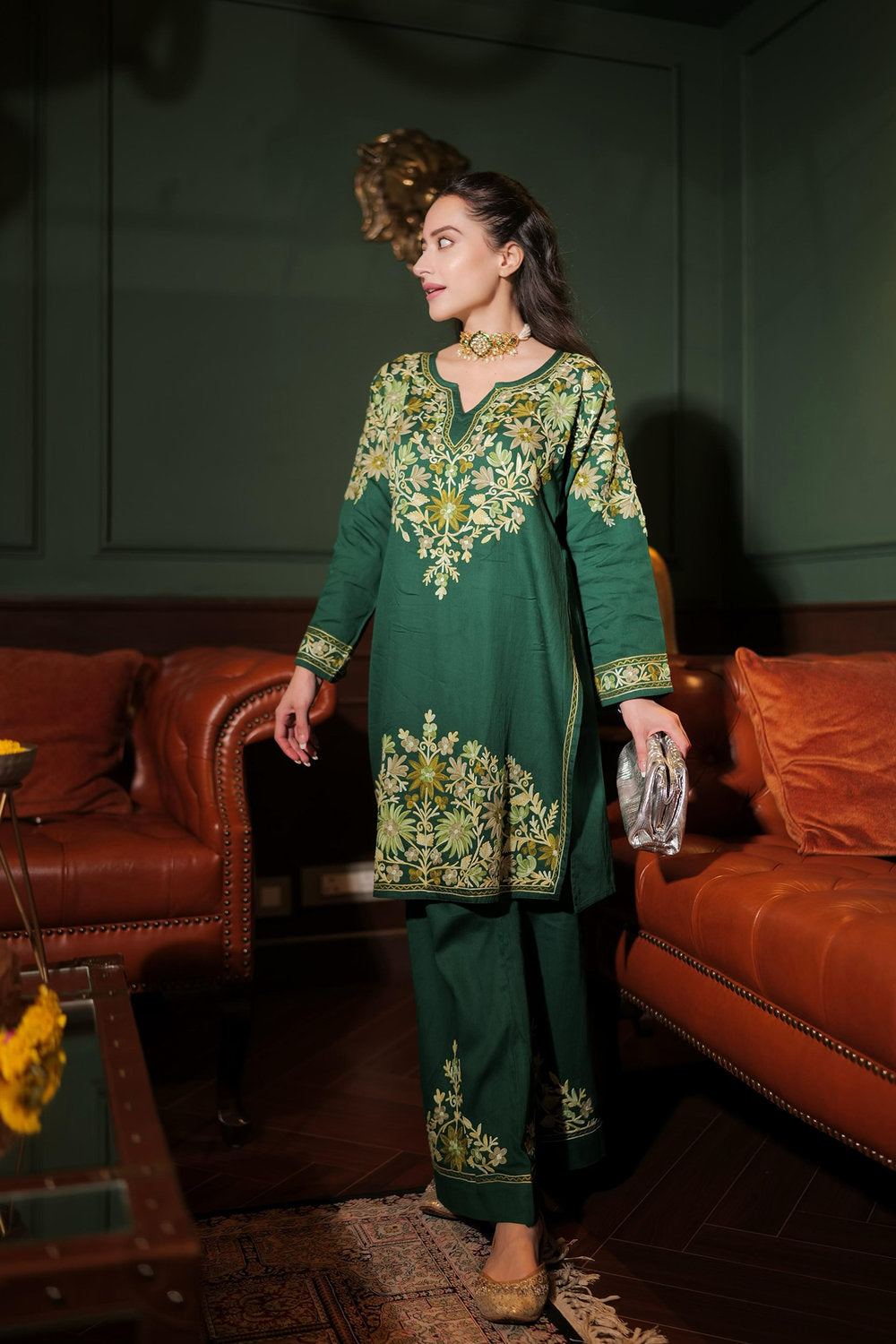 Komal X HOK Kashmiri Aari Embroidered Kurta Set with Bellbottom Pants in Green Cotton Silk