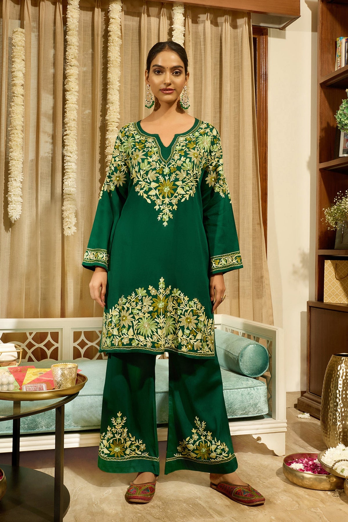 Dhansiri Supima Cotton Beige Kurta with Embroidered Bellbottom White Pyjama Set