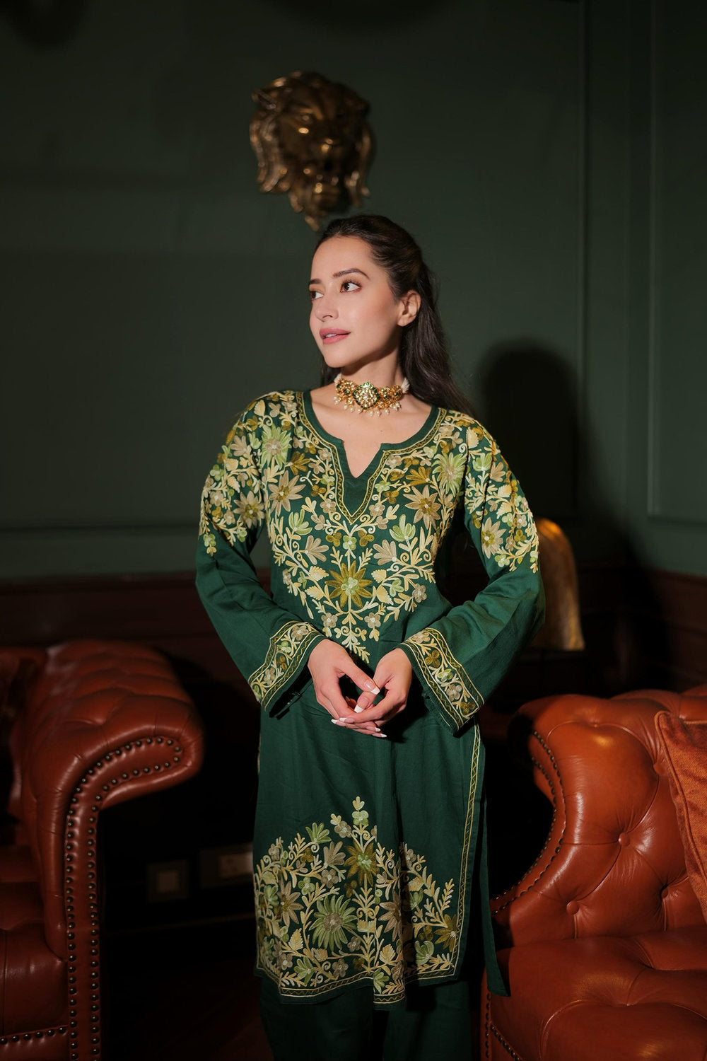 Komal X HOK Kashmiri Aari Embroidered Kurta Set with Bellbottom Pants in Green Cotton Silk