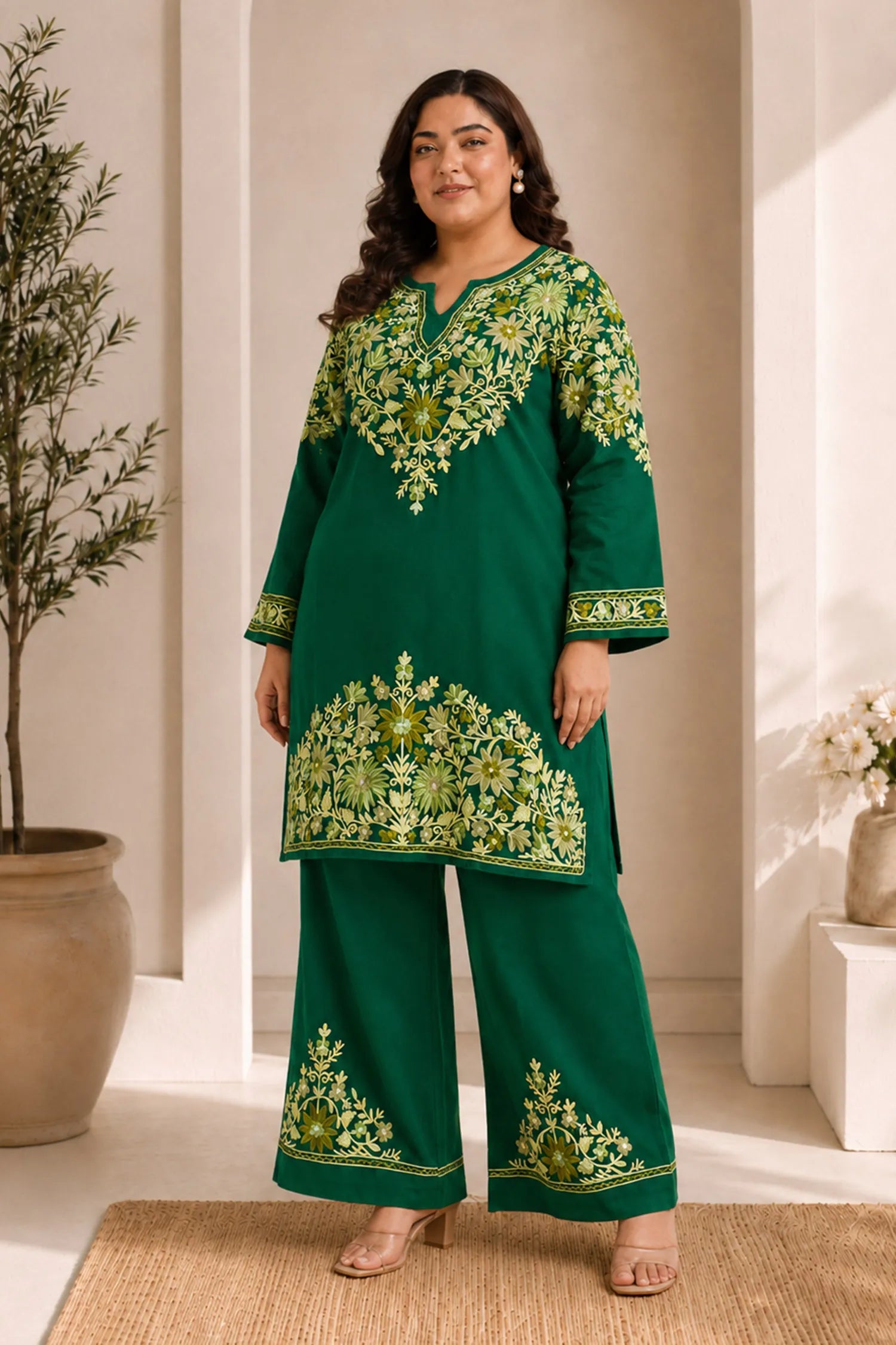 Plus Size - Kashmiri Aari Embroidered Kurta Set with Bellbottom Pants in Green Cotton Silk