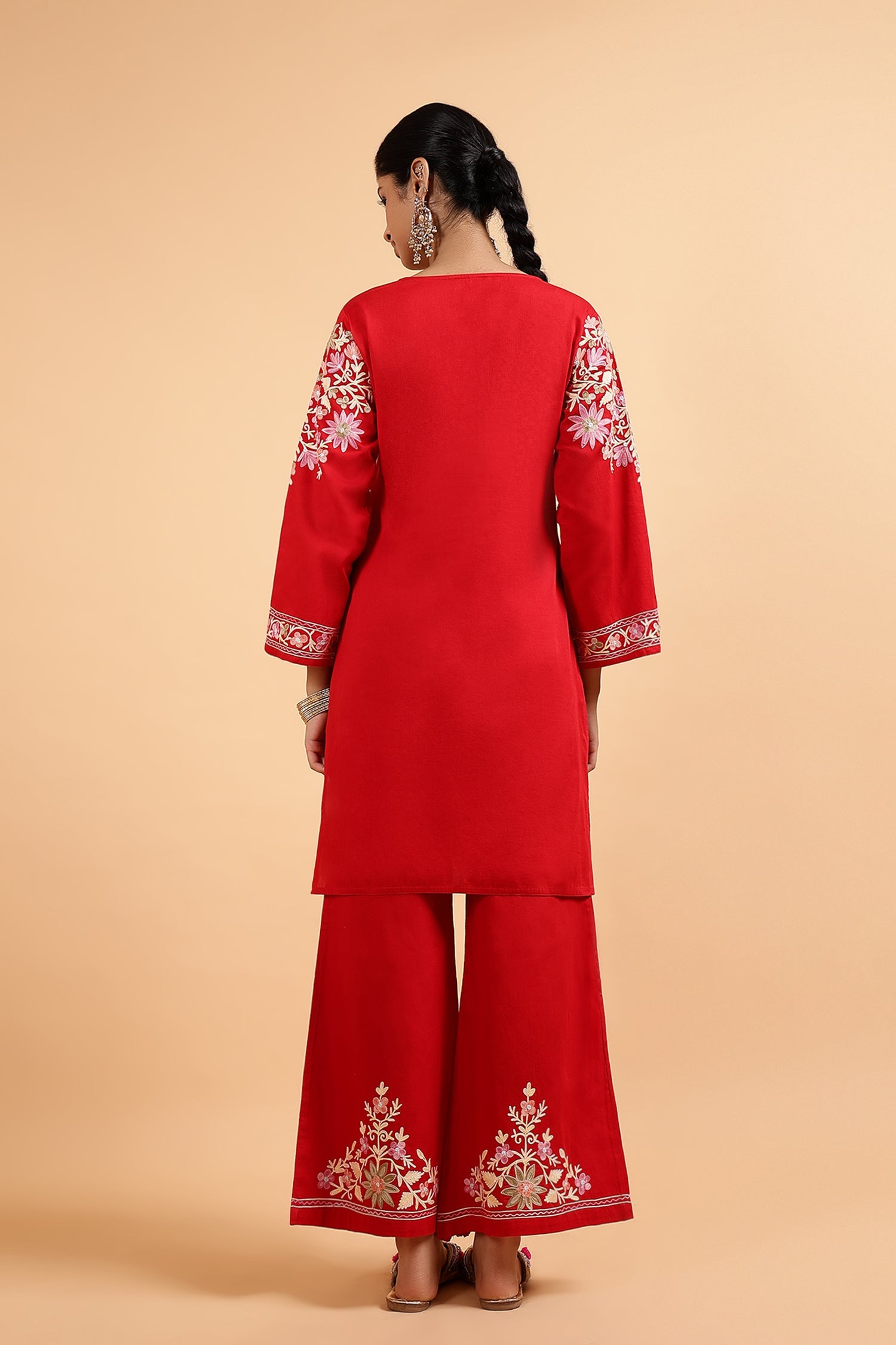 Kashmiri Aari Embroidered Kurta Set with Bellbottom Pants in Red Cotton Silk