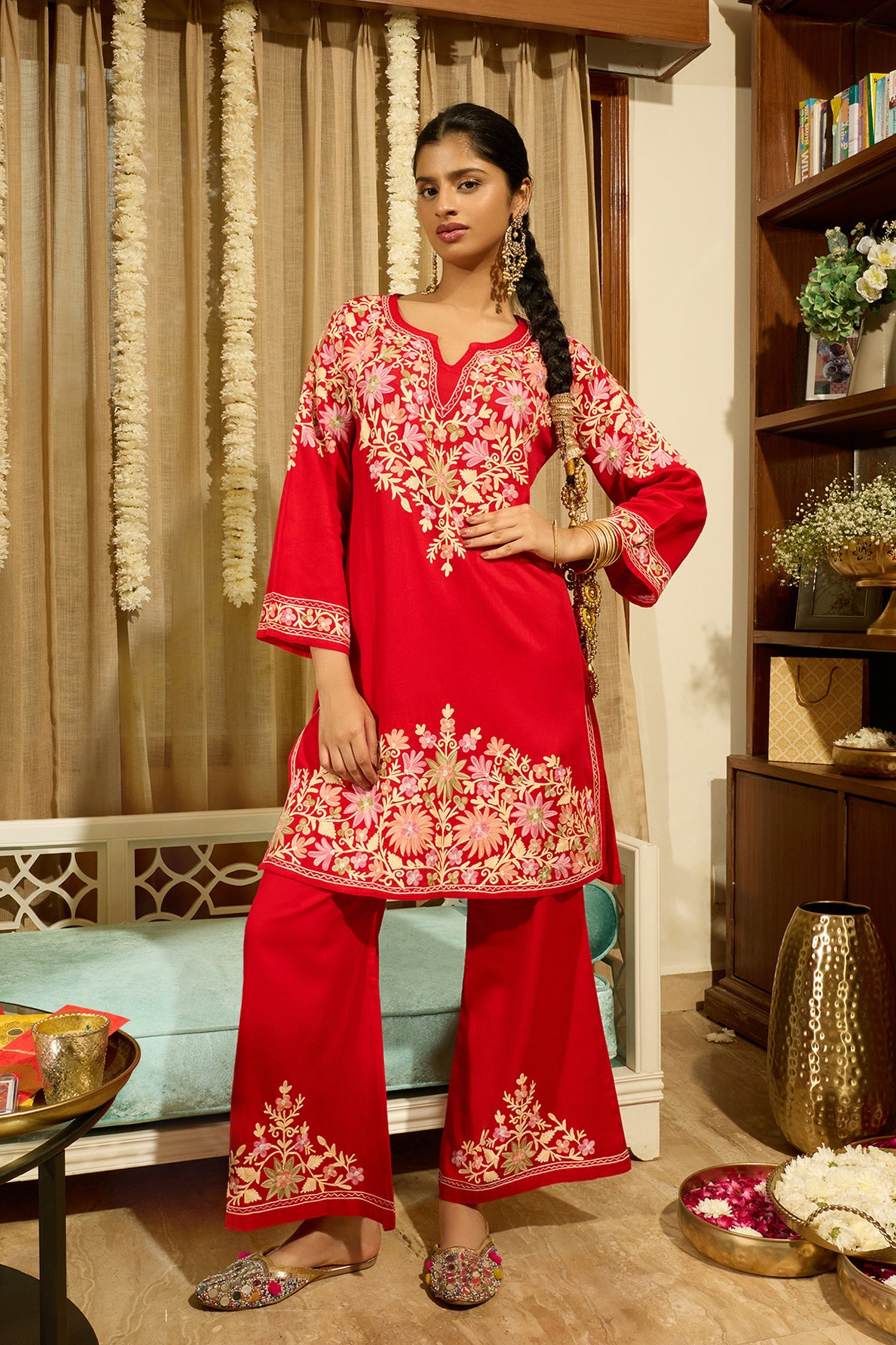 Kashmiri Aari Embroidered Kurta Set with Bellbottom Pants in Red Cotton Silk