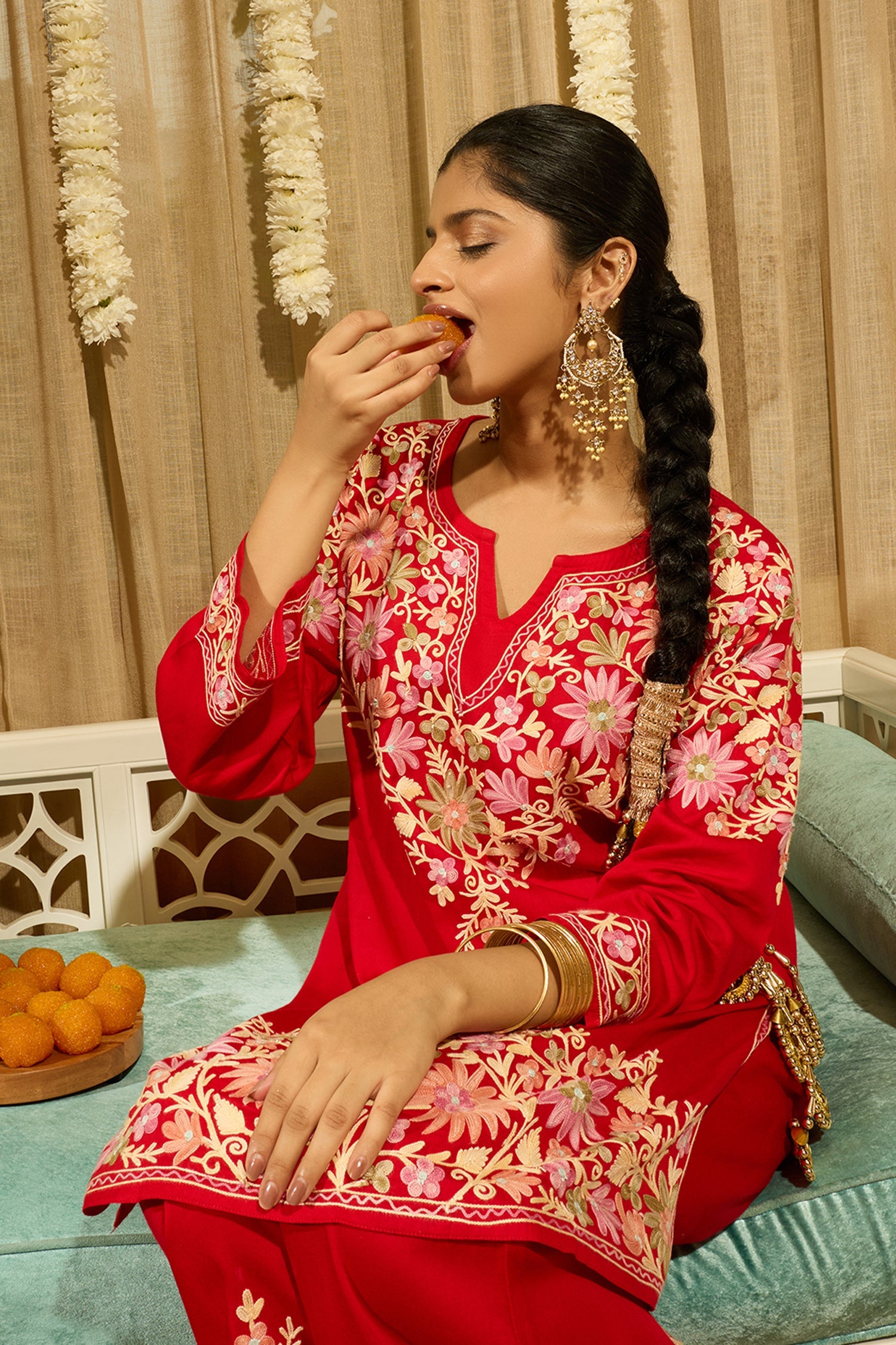 Kashmiri Aari Embroidered Kurta Set with Bellbottom Pants in Red Cotton Silk