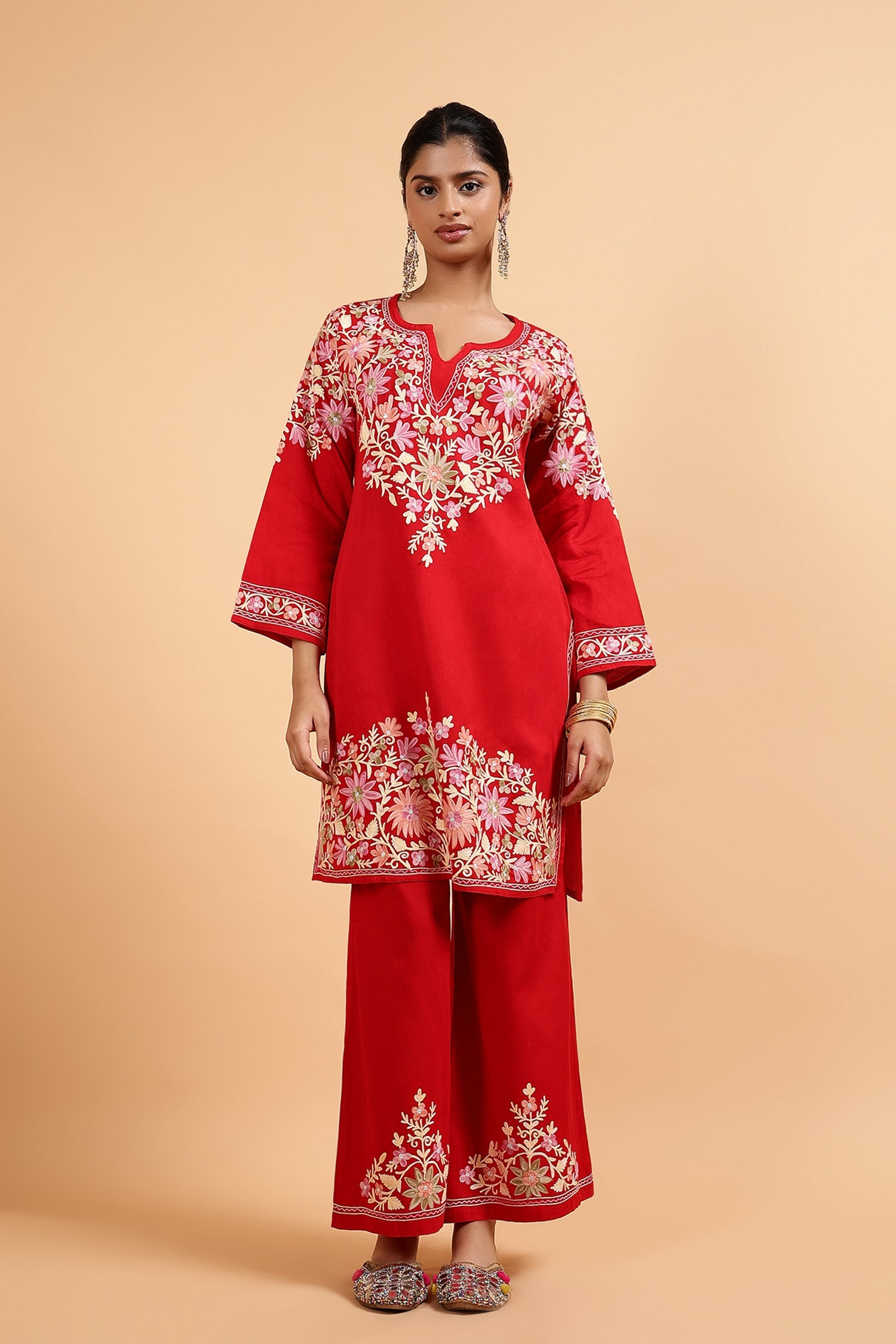 Kashmiri Aari Embroidered Kurta Set with Bellbottom Pants in Red Cotton Silk