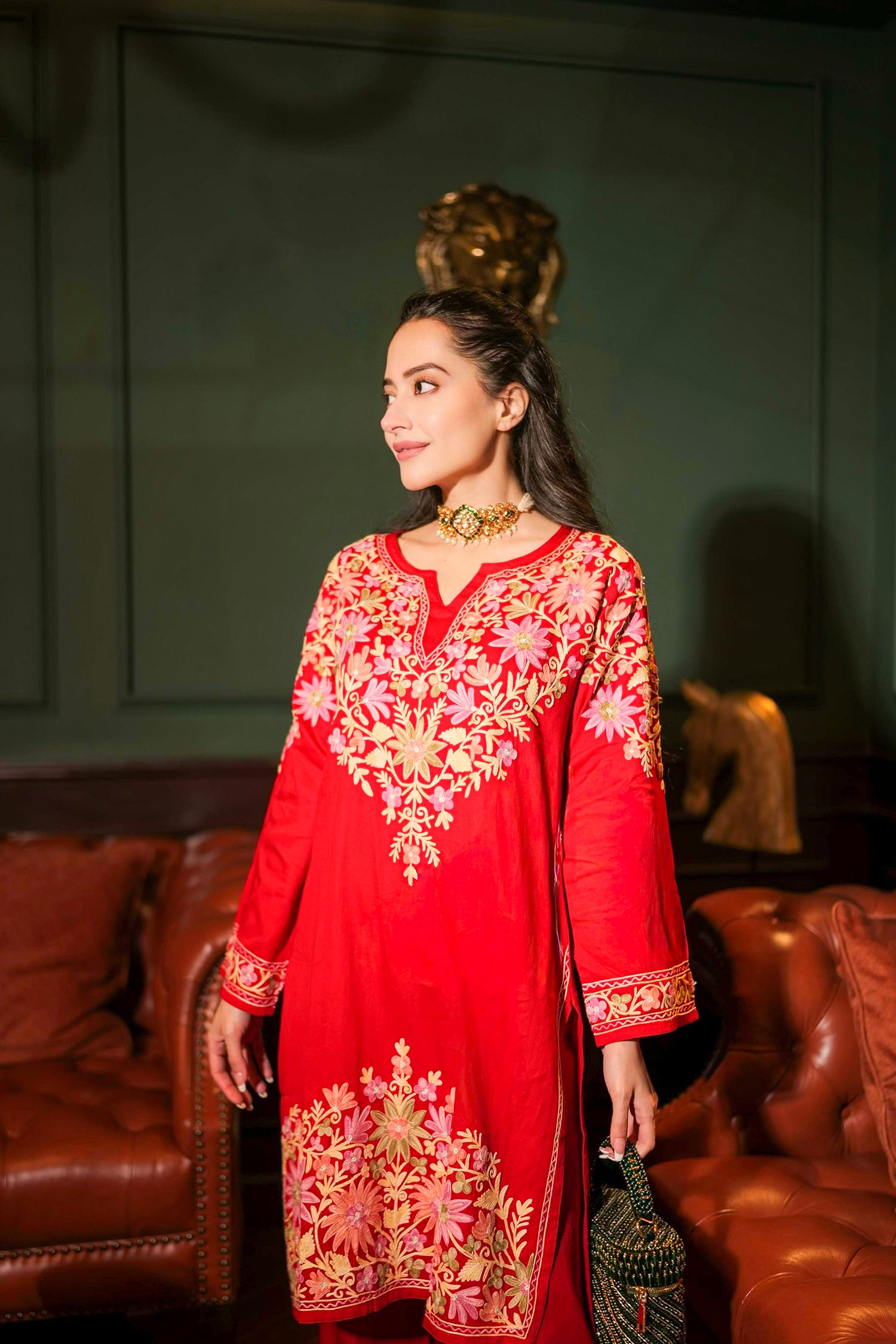 Komal X HOK Kashmiri Aari Embroidered Kurta Set with Bellbottom Pants in Red Cotton Silk