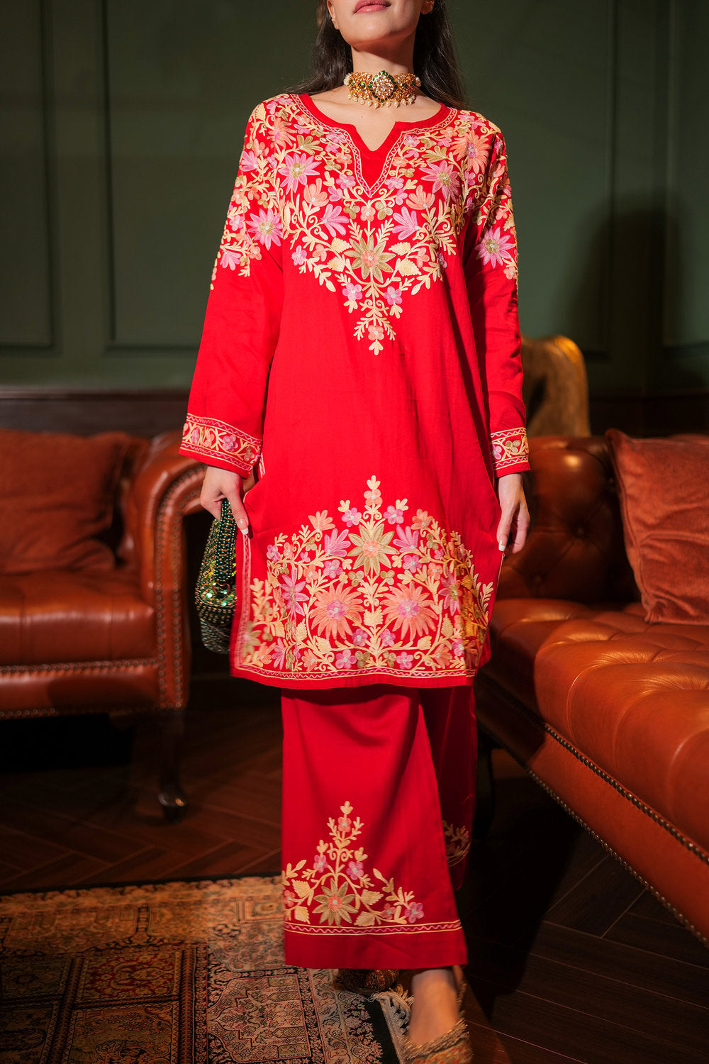 Komal X HOK Kashmiri Aari Embroidered Kurta Set with Bellbottom Pants in Red Cotton Silk