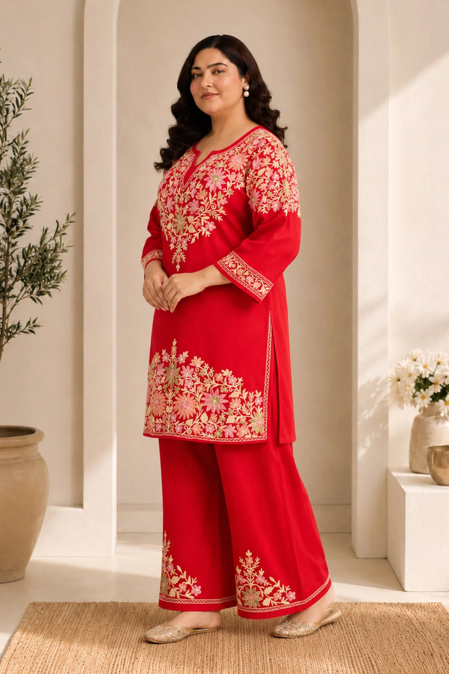 Plus Size - Kashmiri Aari Embroidered Kurta Set with Bellbottom Pants in Red Cotton Silk