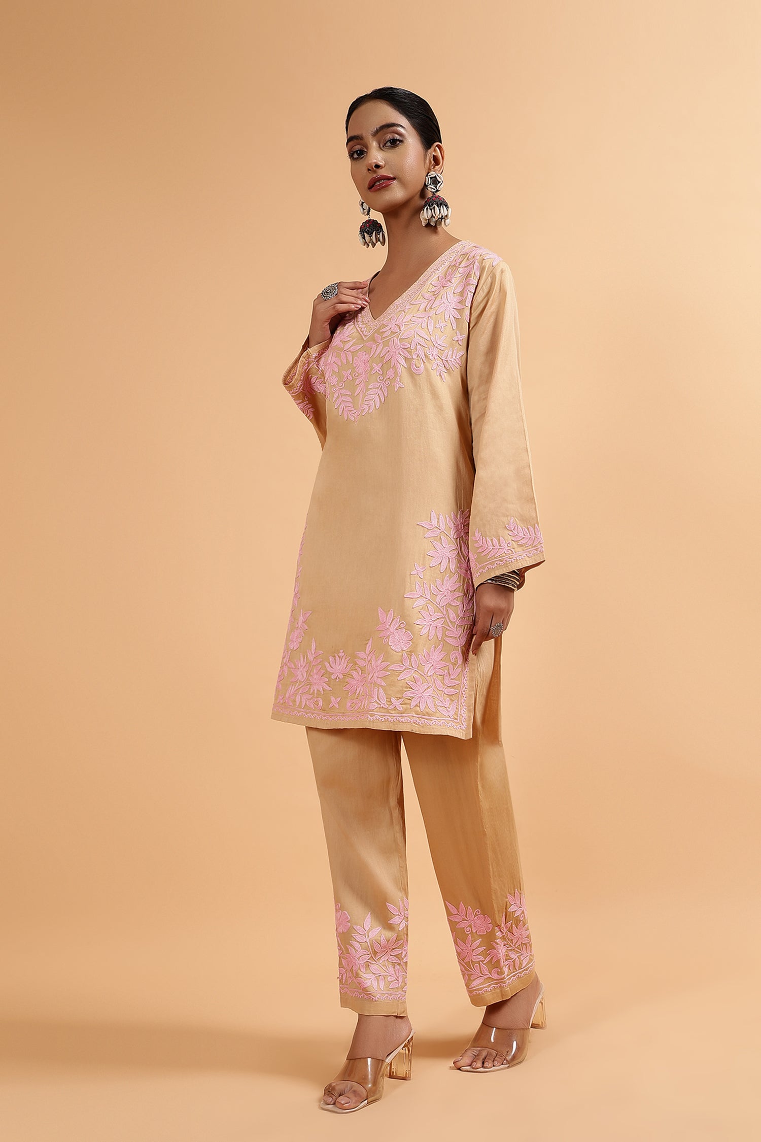 Beige Cotton Silk Kashmiri Aari Kurta Set with Pink Floral Embroidery