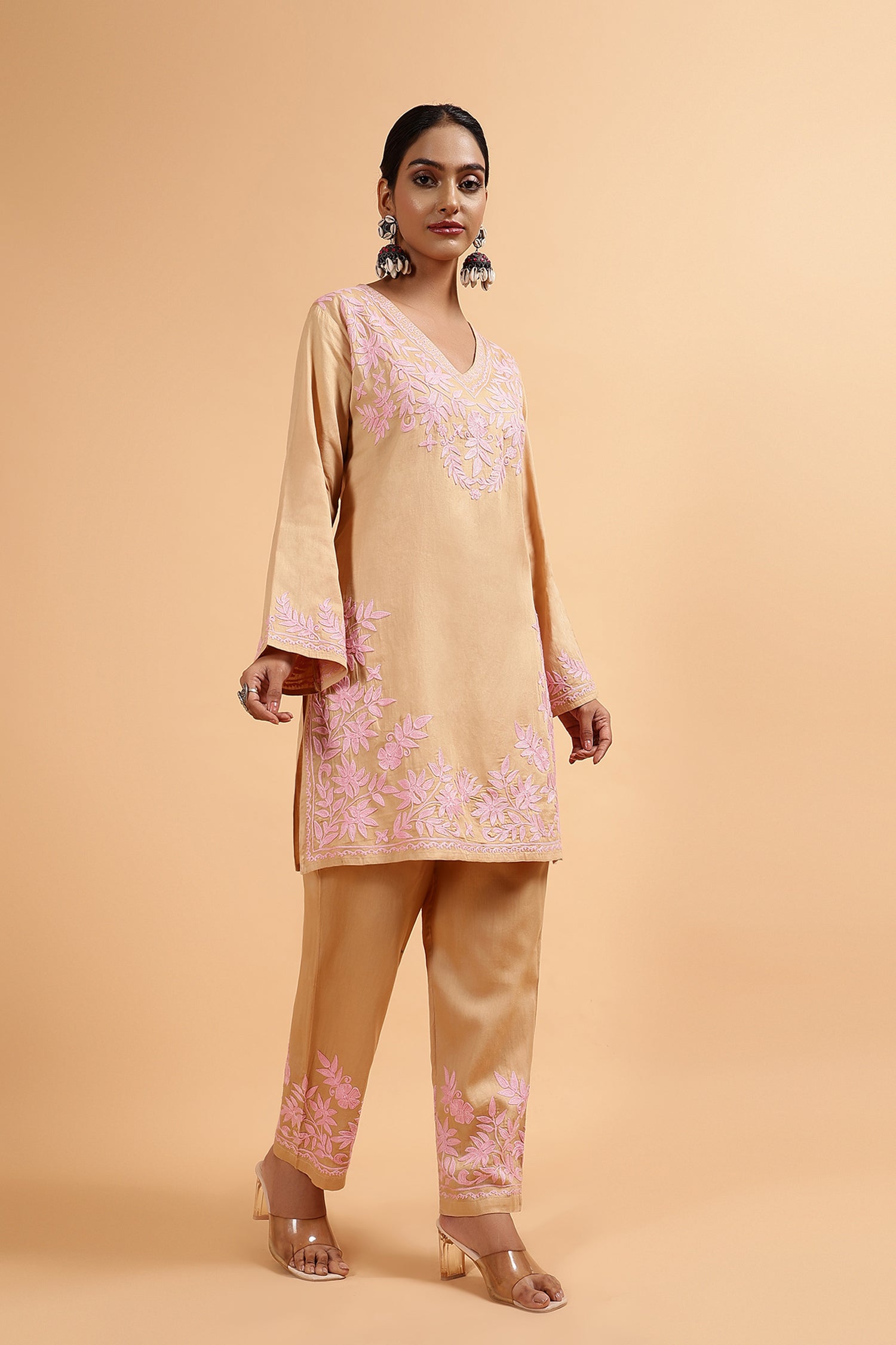 Beige Cotton Silk Kashmiri Aari Kurta Set with Pink Floral Embroidery