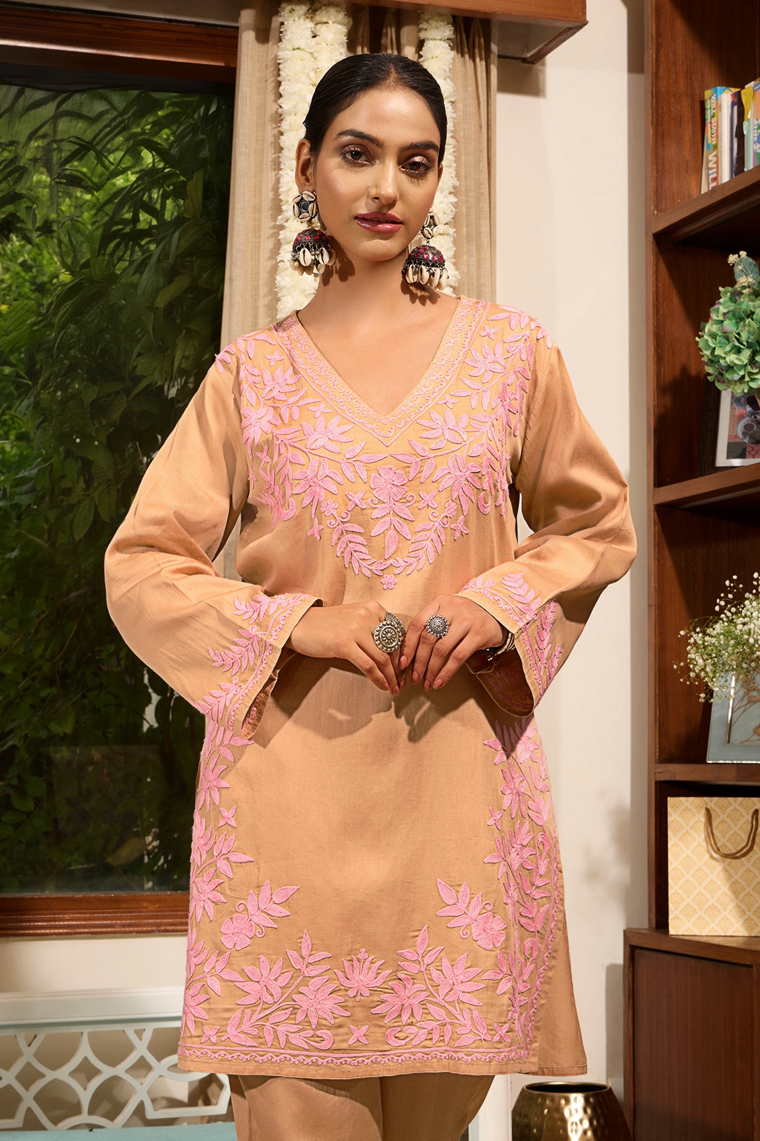 Beige Cotton Silk Kashmiri Aari Kurta Set with Pink Floral Embroidery