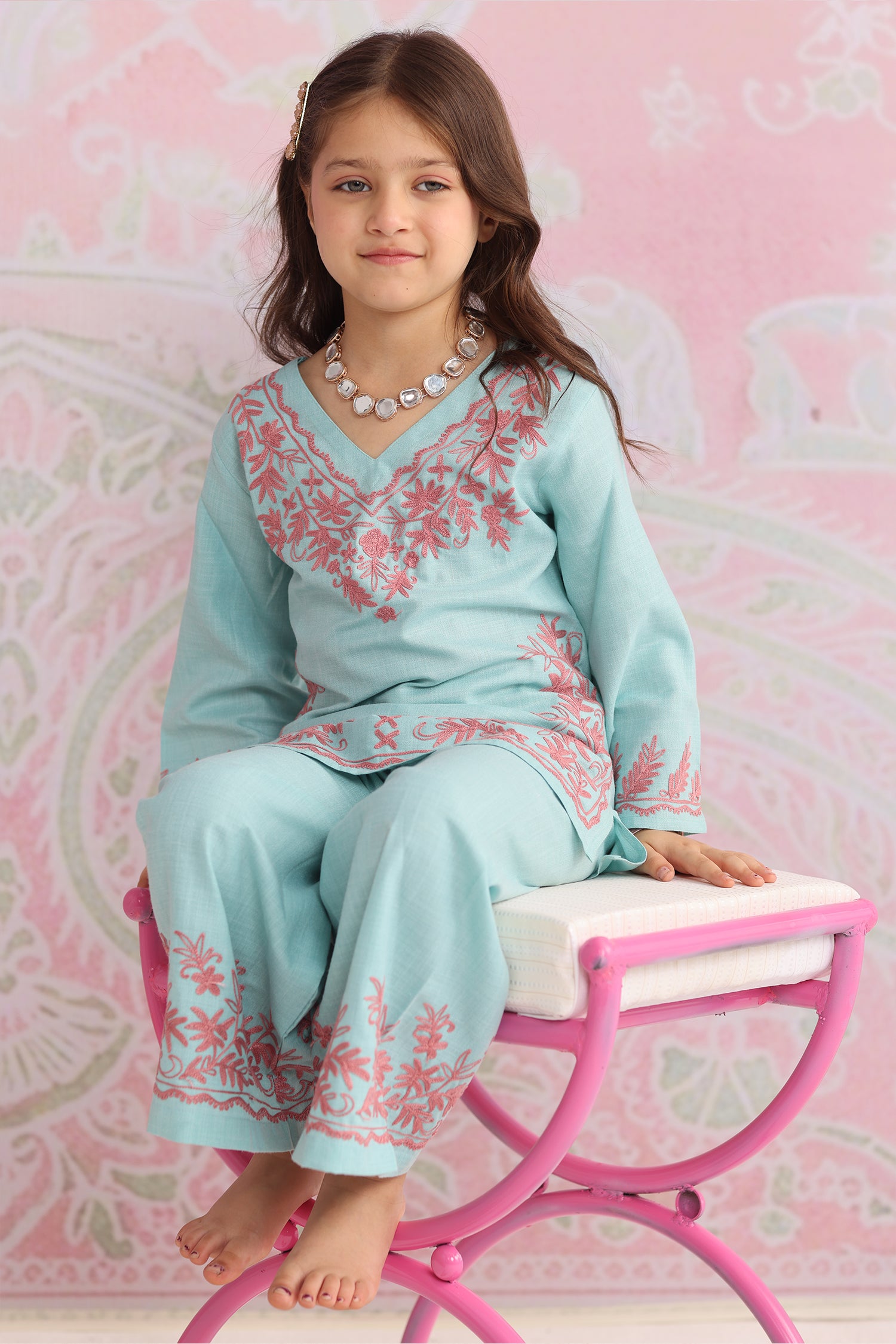 Kids Powder Blue Cotton Kurta Set  with Kashmiri Aari Work
