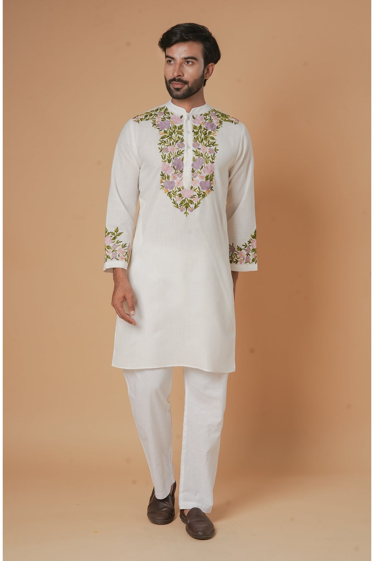 Cotton Arri Work Kurta for Men – White with Multicolor Embroidery