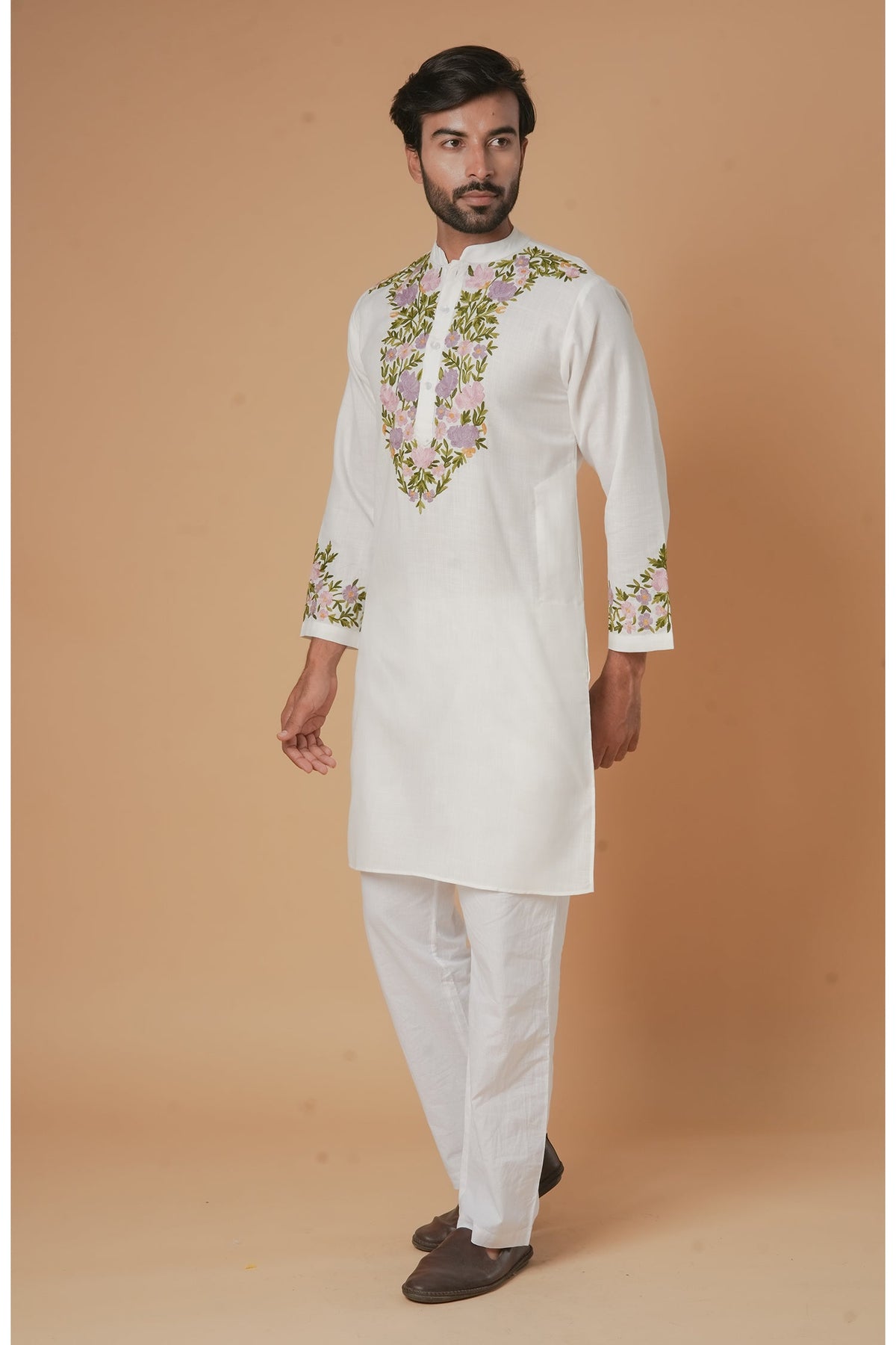 Cotton Arri Work Kurta for Men – White with Multicolor Embroidery