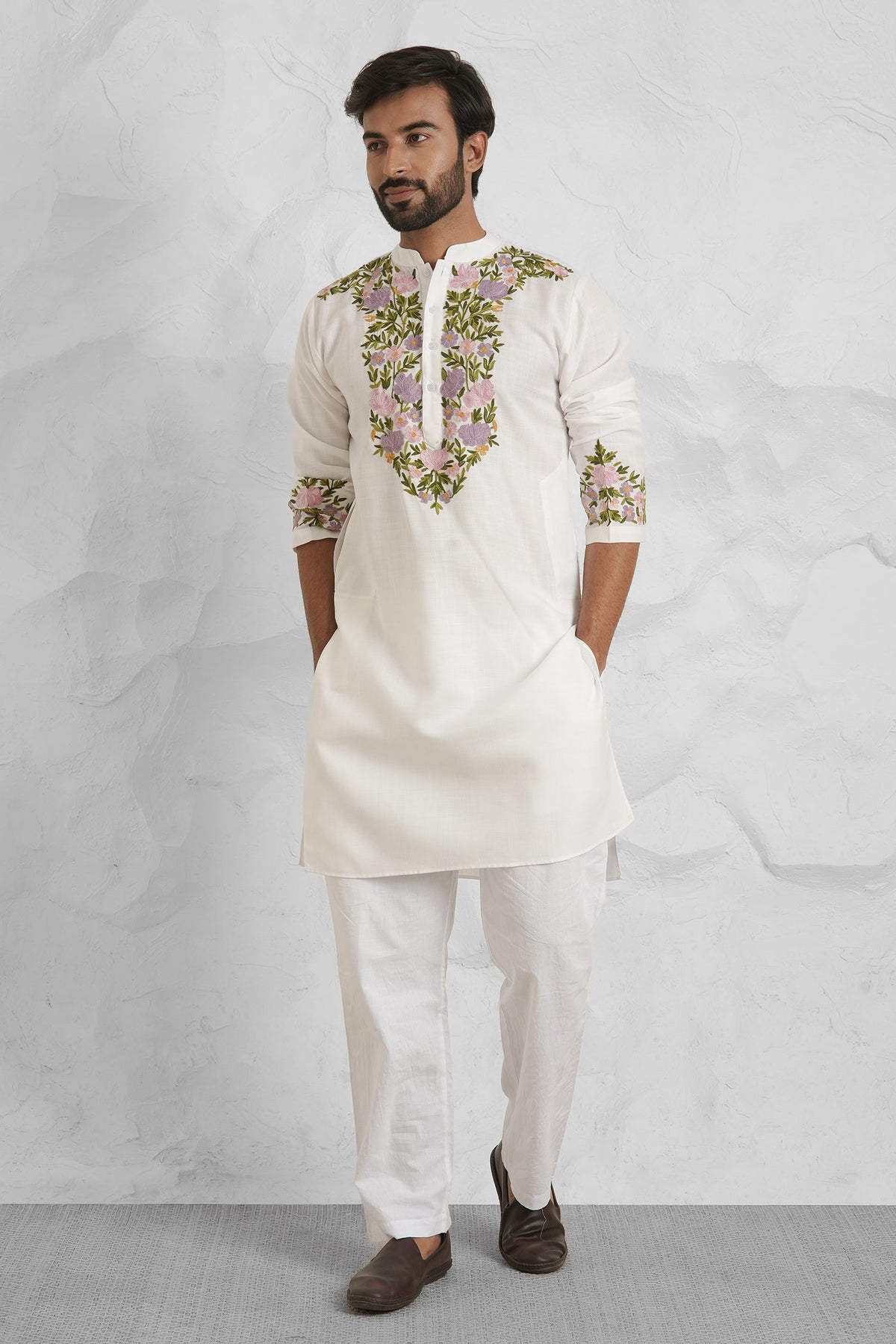 Cotton Arri Work Kurta for Men – White with Multicolor Embroidery