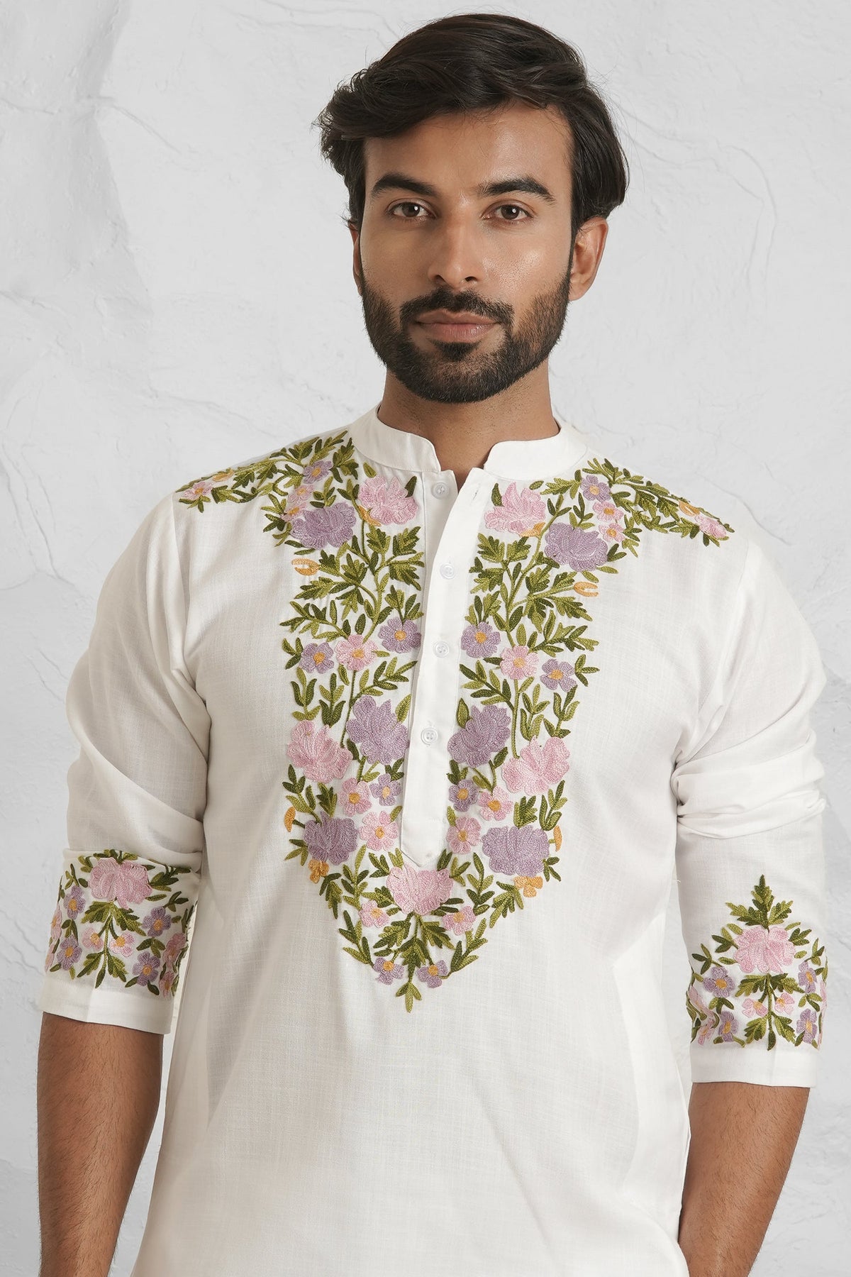 Cotton Arri Work Kurta for Men – White with Multicolor Embroidery