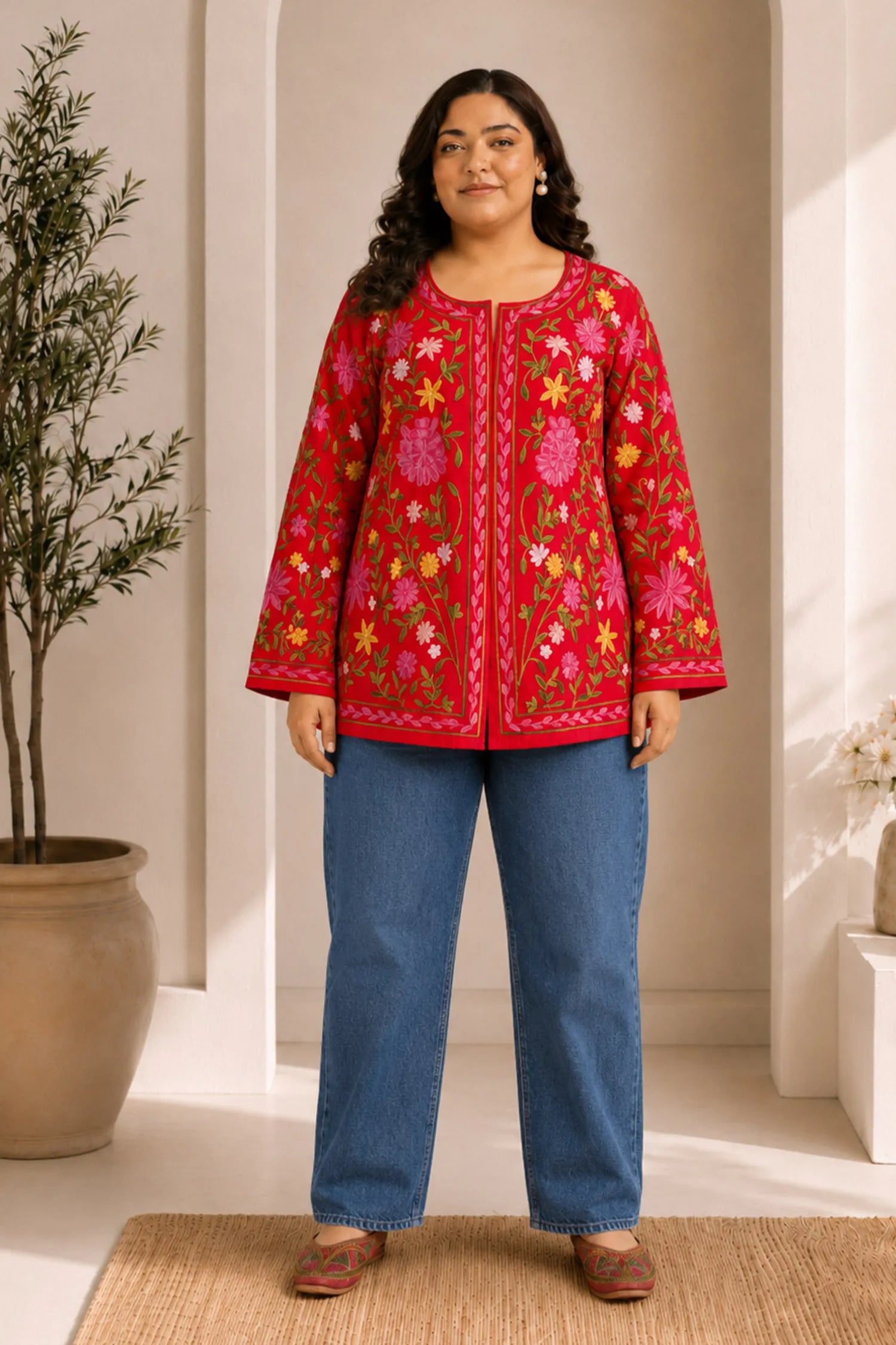 Plus Size - Cotton Kashmiri Aari Short Jacket - Red