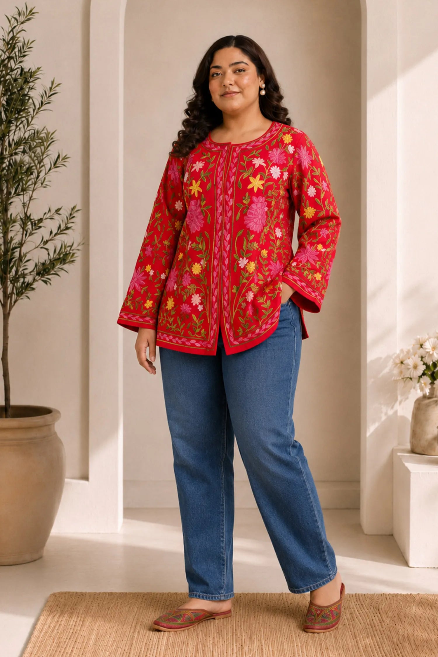 Plus Size - Cotton Kashmiri Aari Short Jacket - Red