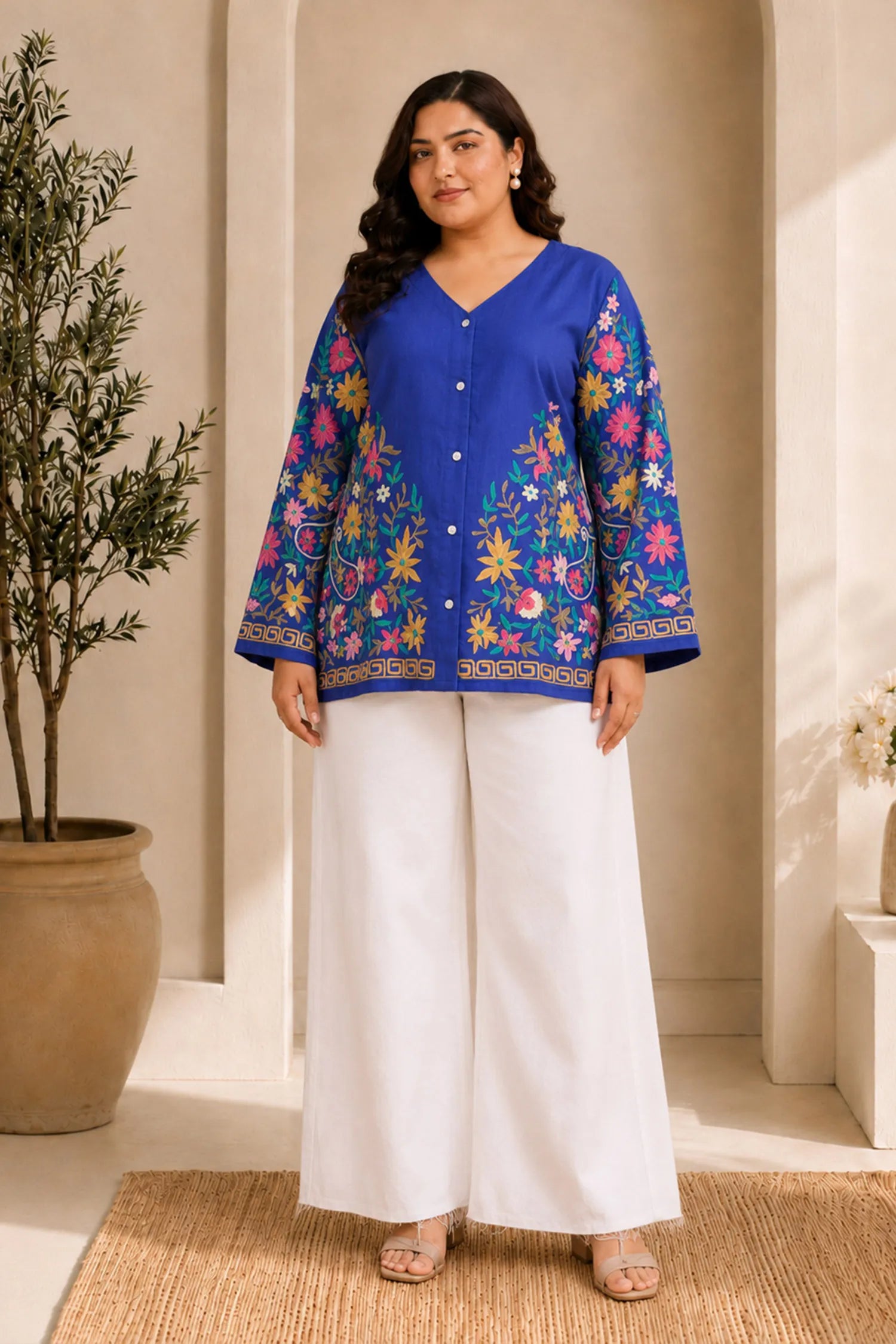 Plus Size - Cotton Kashmiri Aari Short Jacket - Blue
