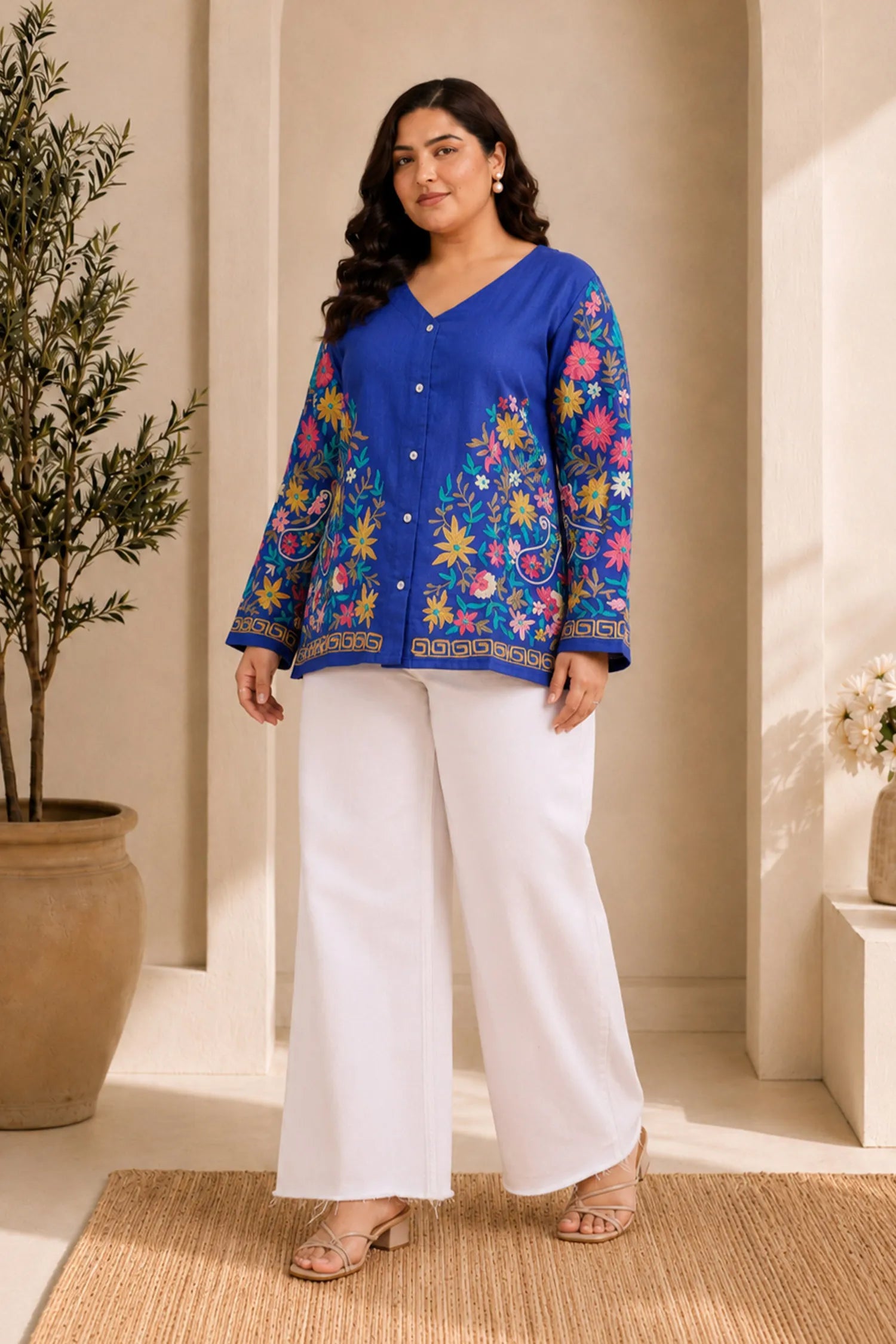 Plus Size - Cotton Kashmiri Aari Short Jacket - Blue