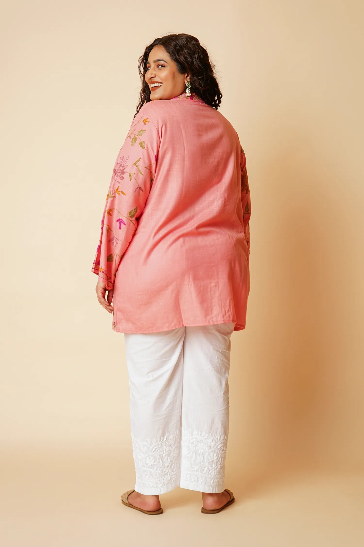 Plus Size - Kashmiri Aari Work Cotton Kurta Jacket – Pink