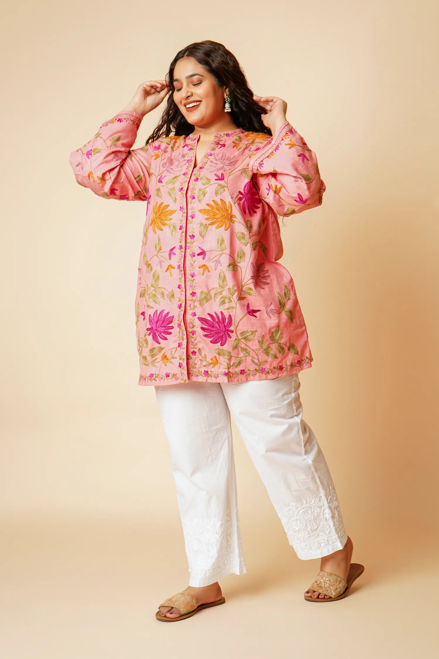 Plus Size - Kashmiri Aari Work Cotton Kurta Jacket – Pink