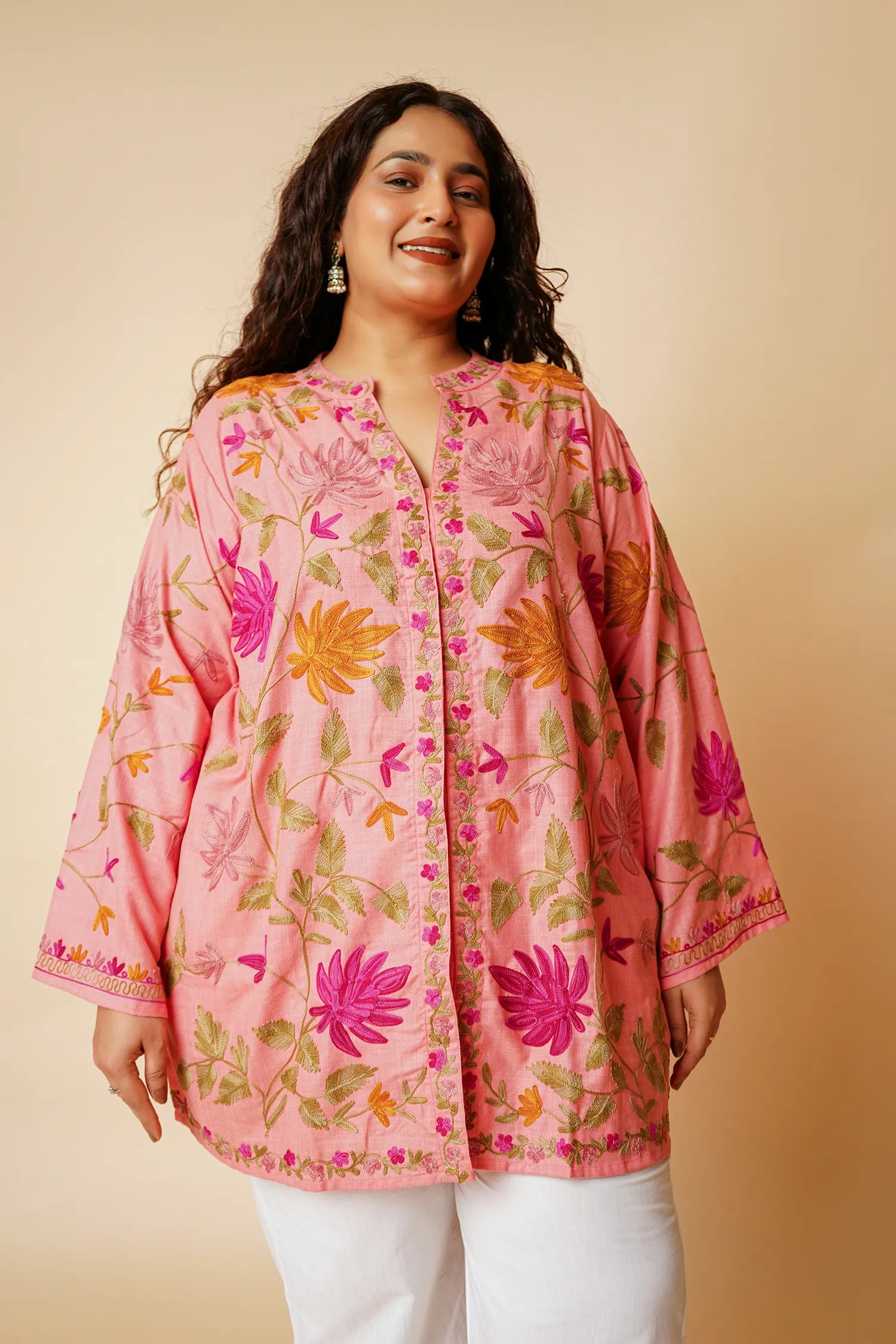 Plus Size - Kashmiri Aari Work Cotton Kurta Jacket – Pink