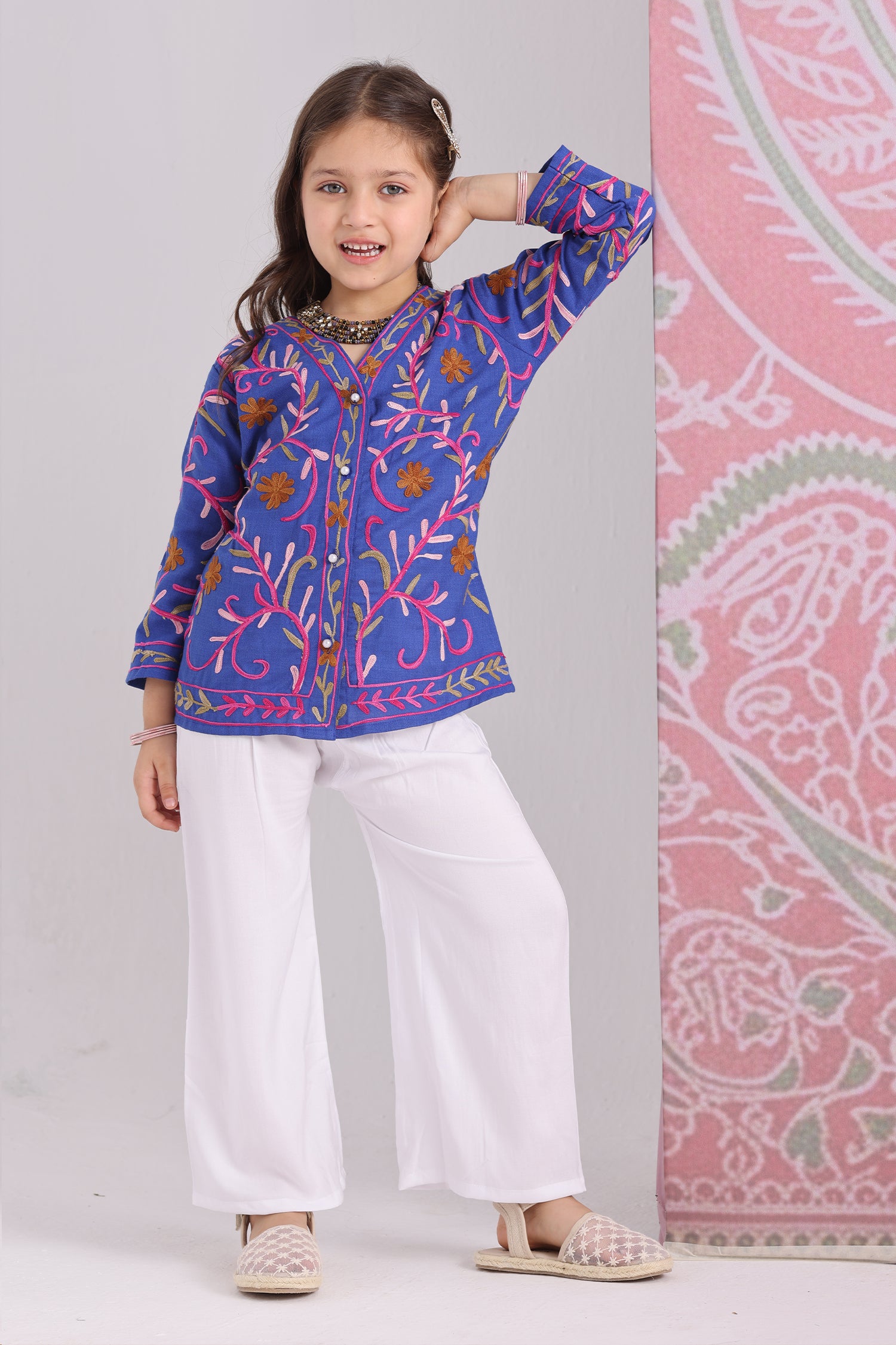 Kids Royal Blue Cotton Short Jacket with Kashmiri Aari Work