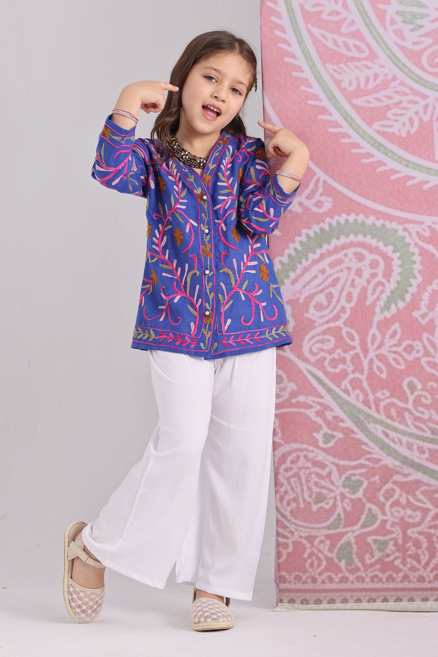 Kids Royal Blue Cotton Short Jacket with Kashmiri Aari Work