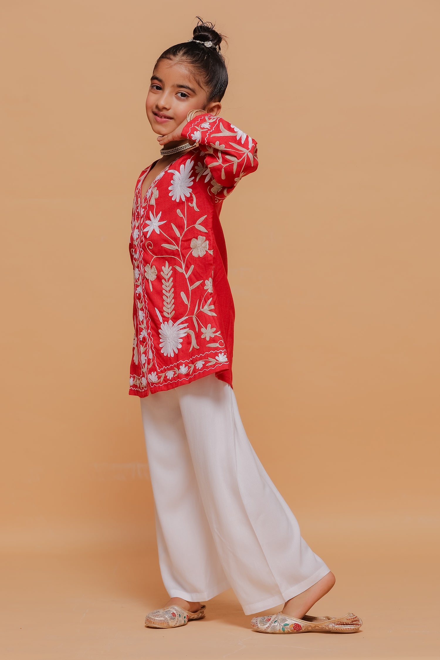 Kids Red Cotton Short Jacket with Kashmiri Aari Work