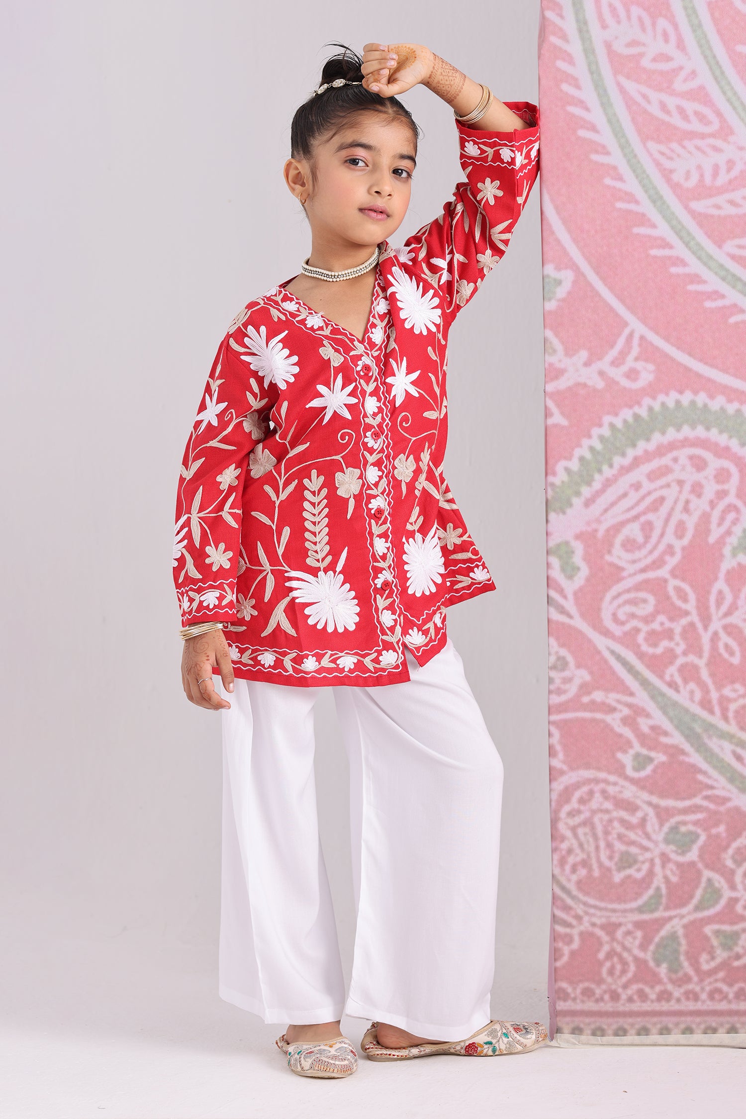 Kids Red Cotton Short Jacket with Kashmiri Aari Work