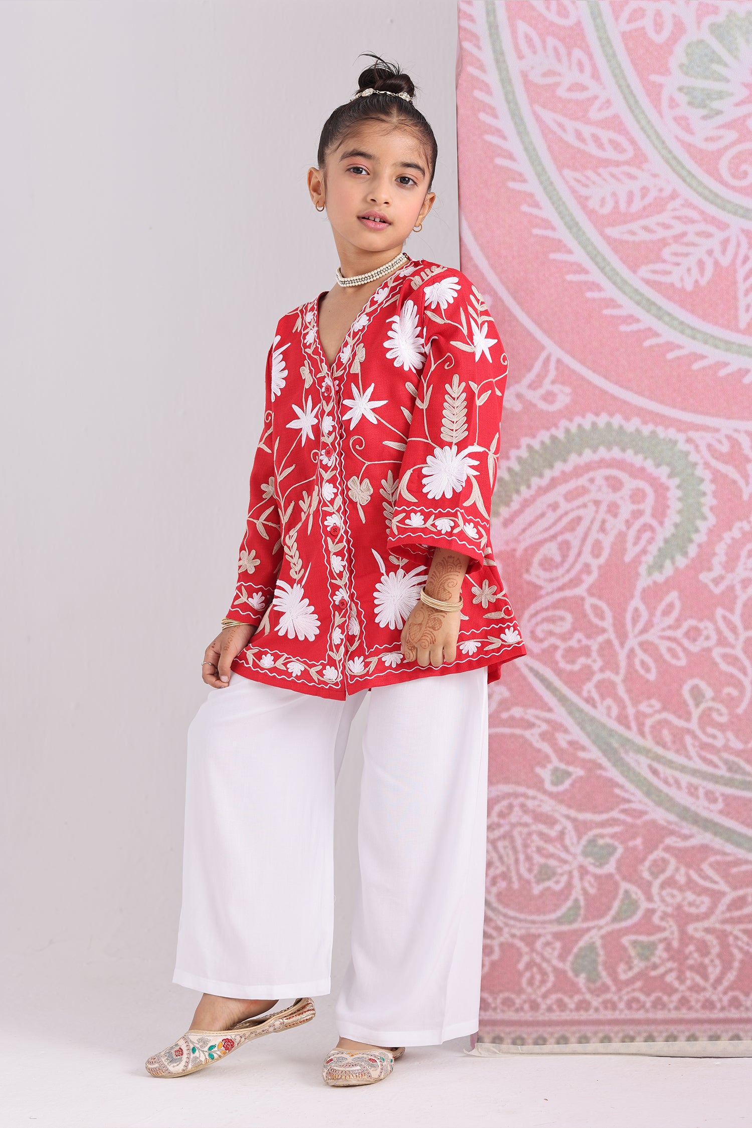 Kids Red Cotton Short Jacket with Kashmiri Aari Work