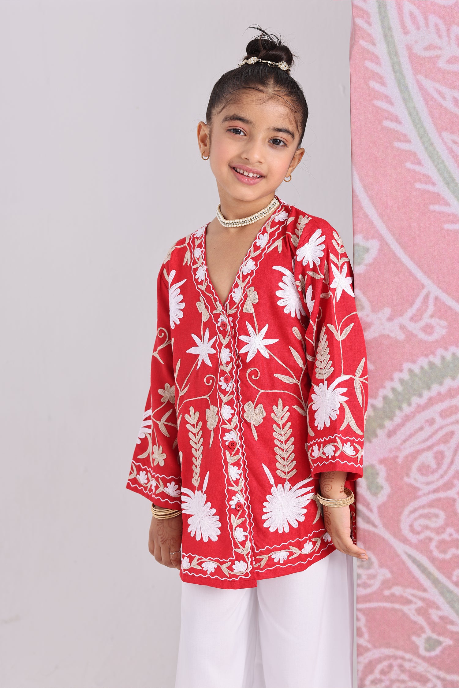 Kids Red Cotton Short Jacket with Kashmiri Aari Work