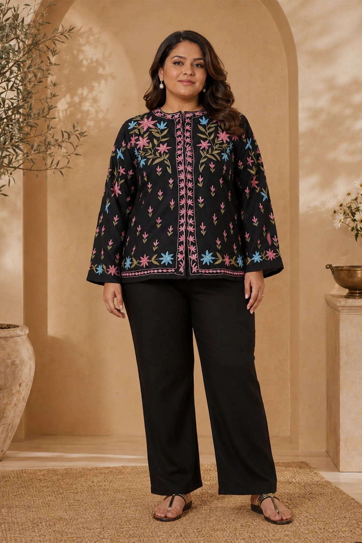 Plus Size - Cotton Kashmiri Aari Embroidered Jacket – Black