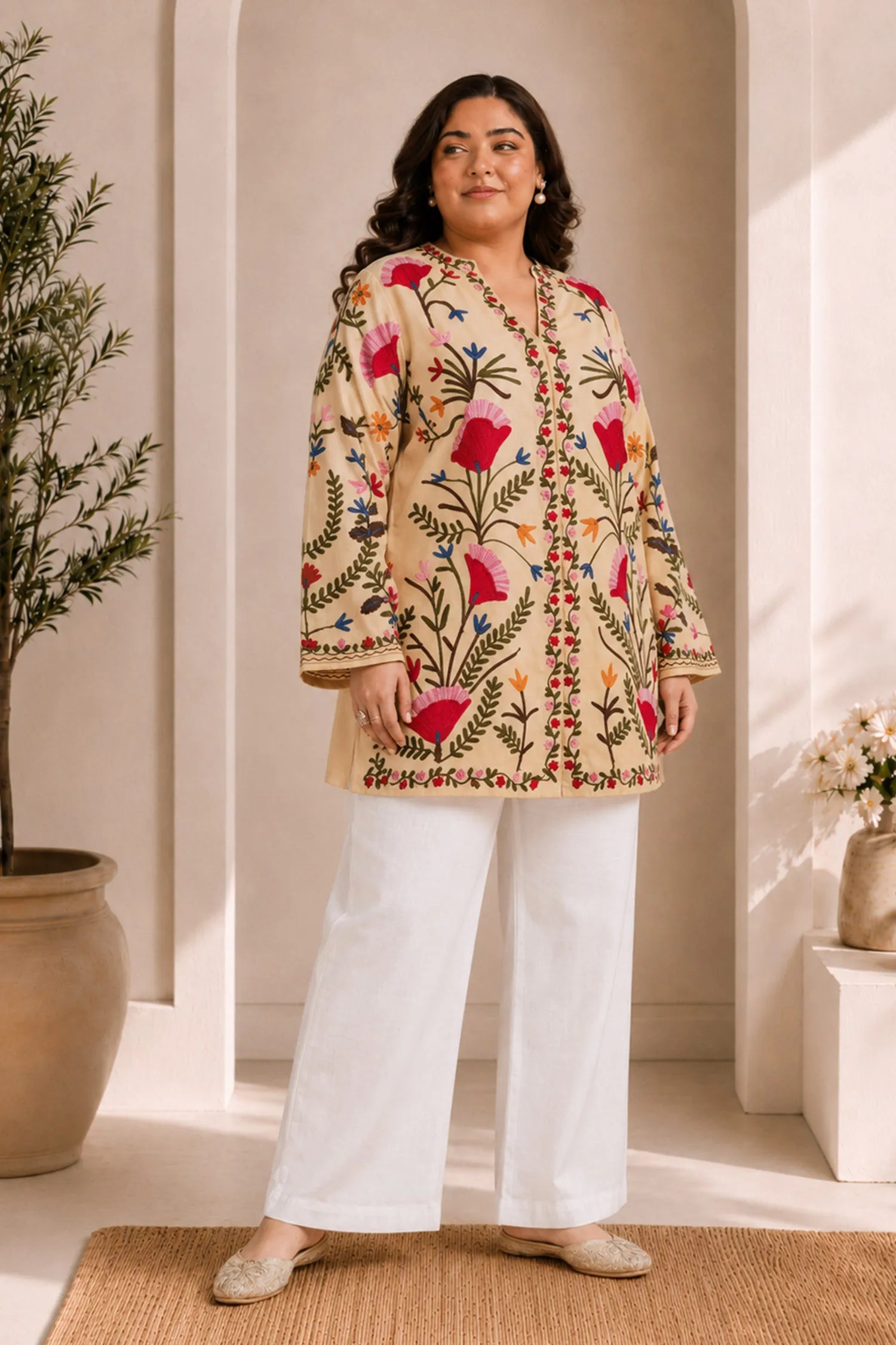Plus Size - Kashmiri Aari Work Cotton Kurta Jacket – Beige