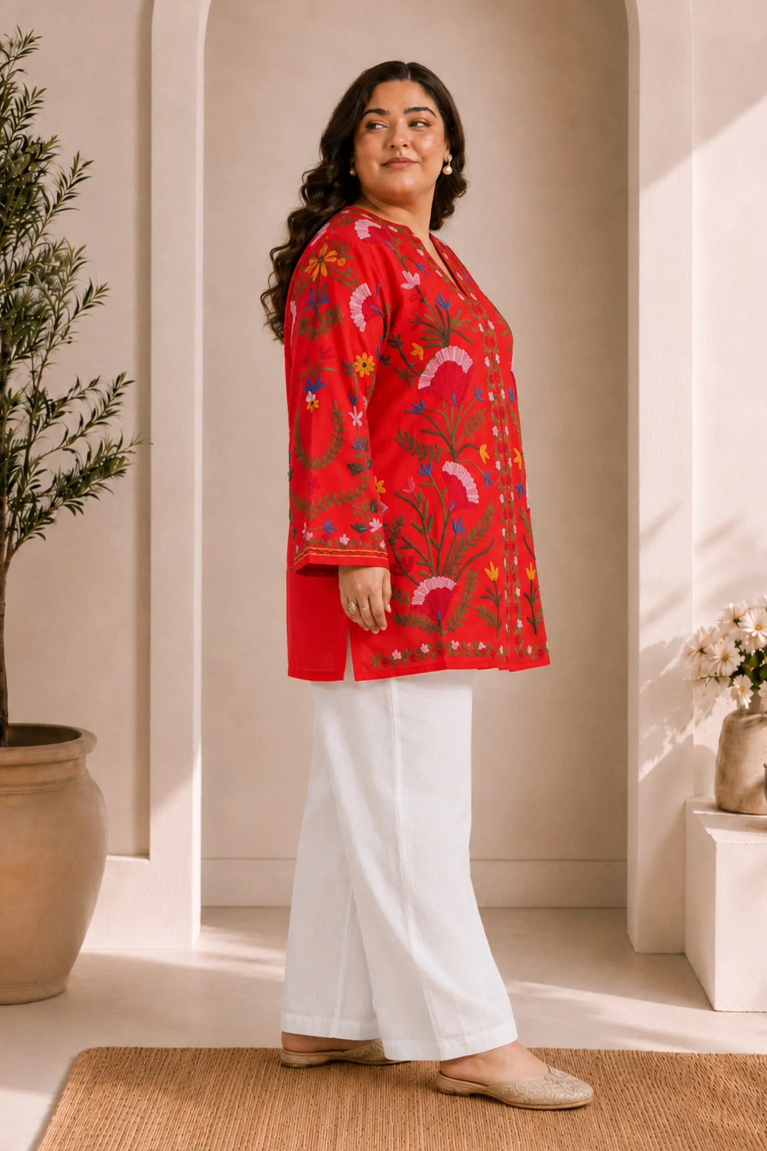 Plus Size - Kashmiri Aari Work Cotton Kurta Jacket – Red