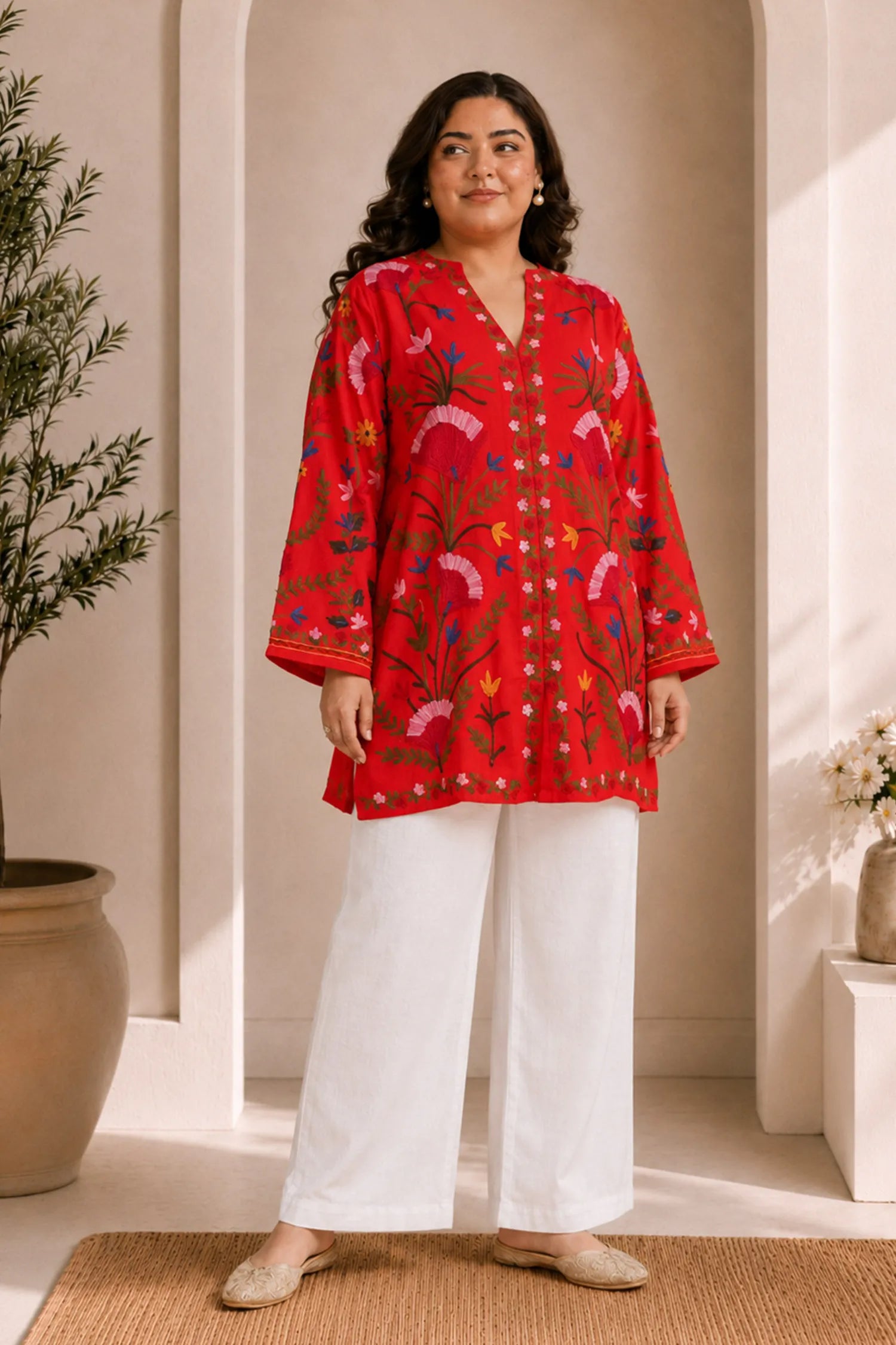 Plus Size - Kashmiri Aari Work Cotton Kurta Jacket – Red