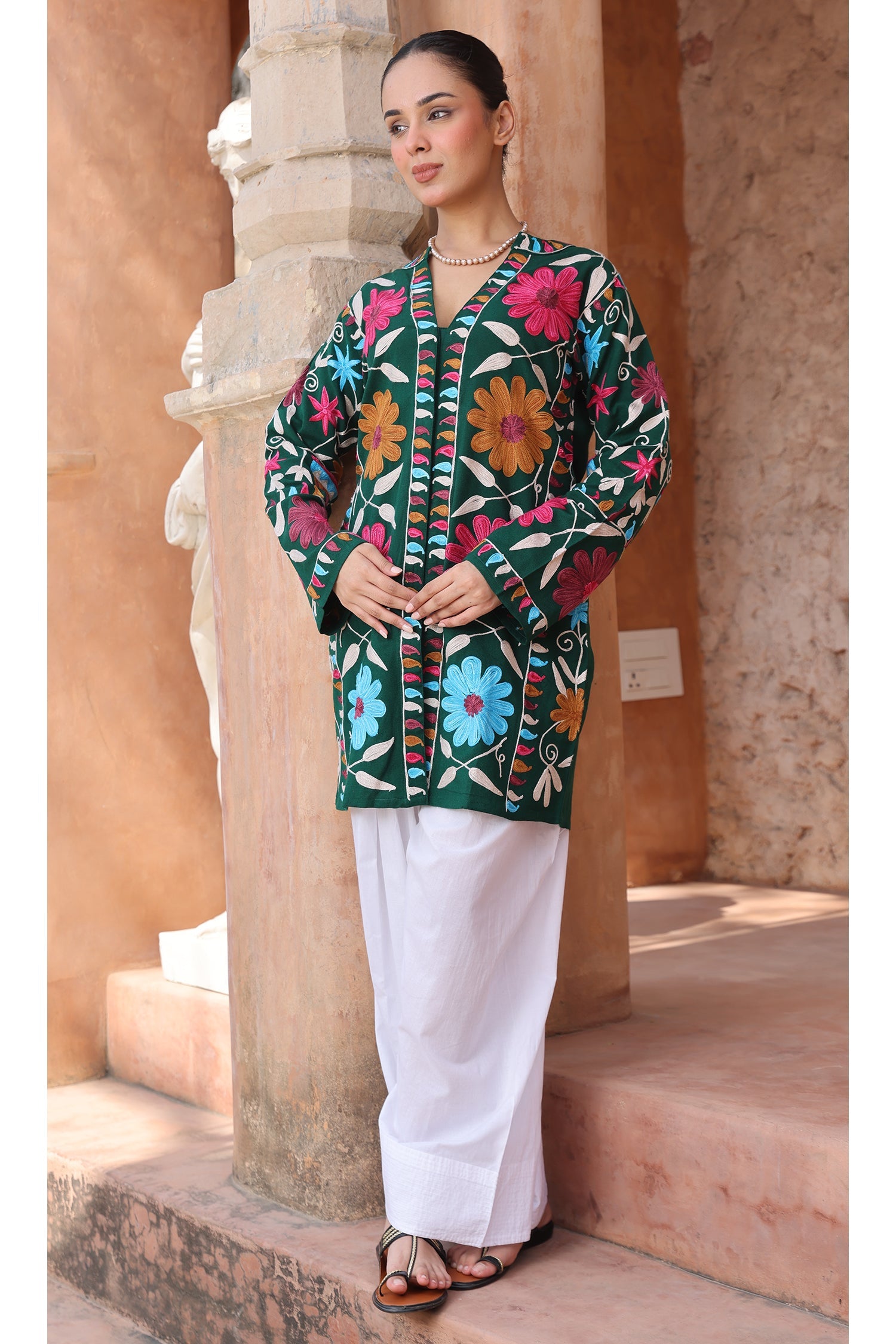 Woolen Kashmiri Aari Jacket – Green Floral