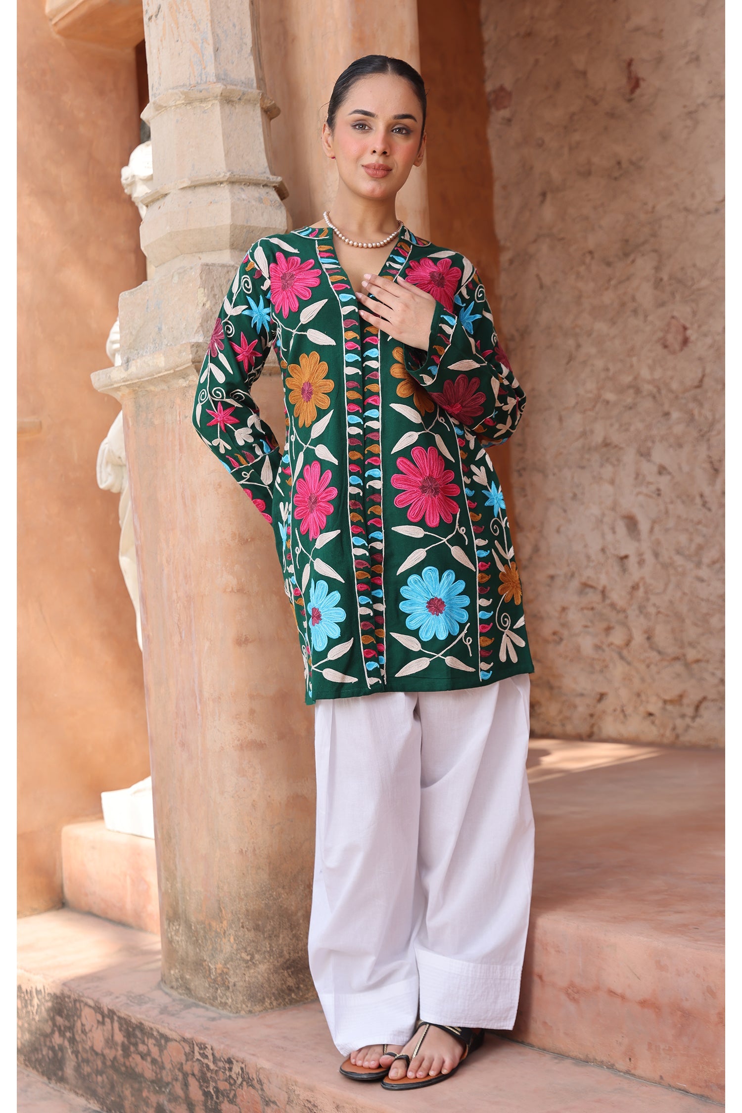 Woolen Kashmiri Aari Jacket – Green Floral