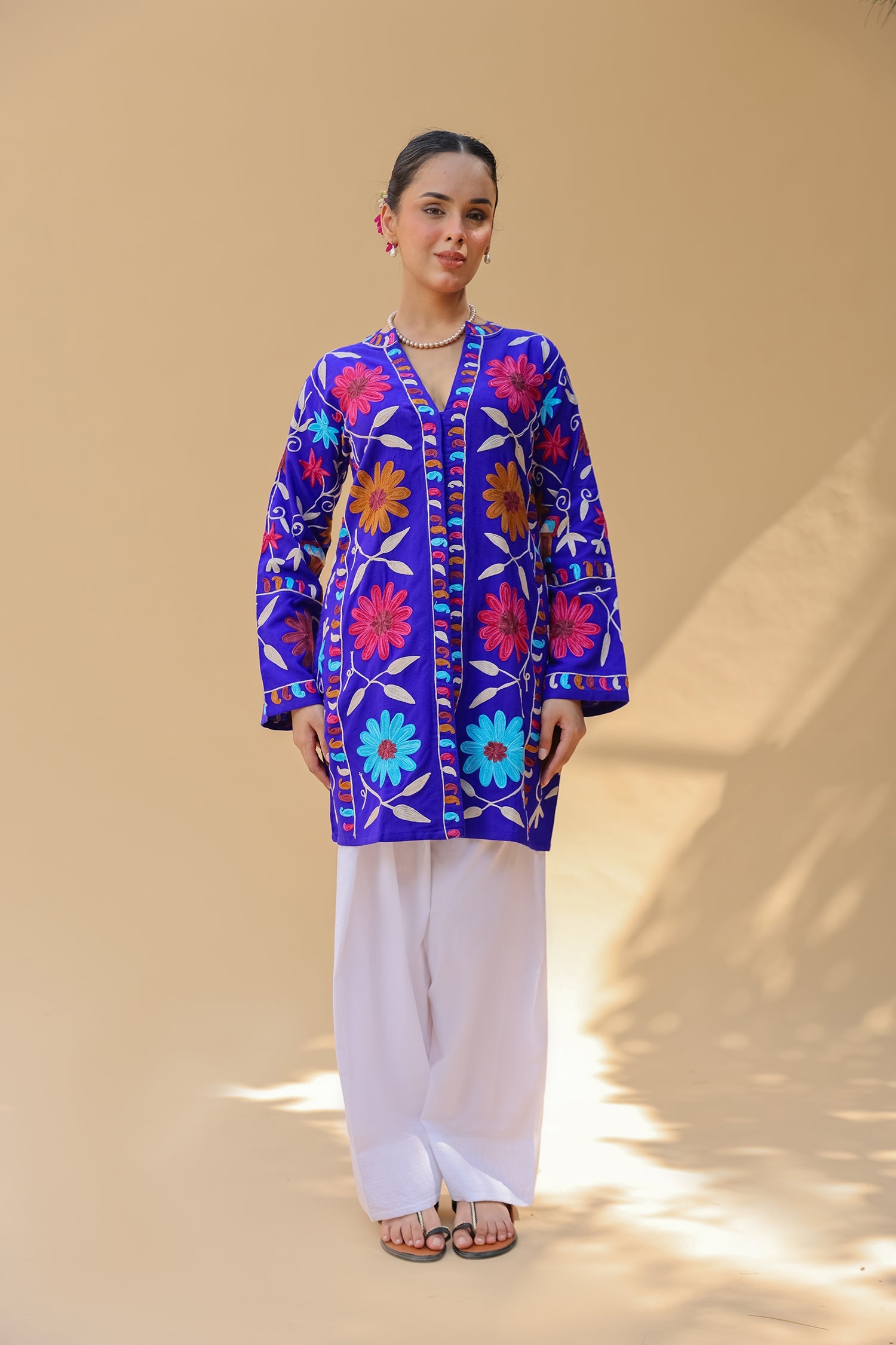 Woolen Kashmiri Aari Jacket – Royal Blue Floral