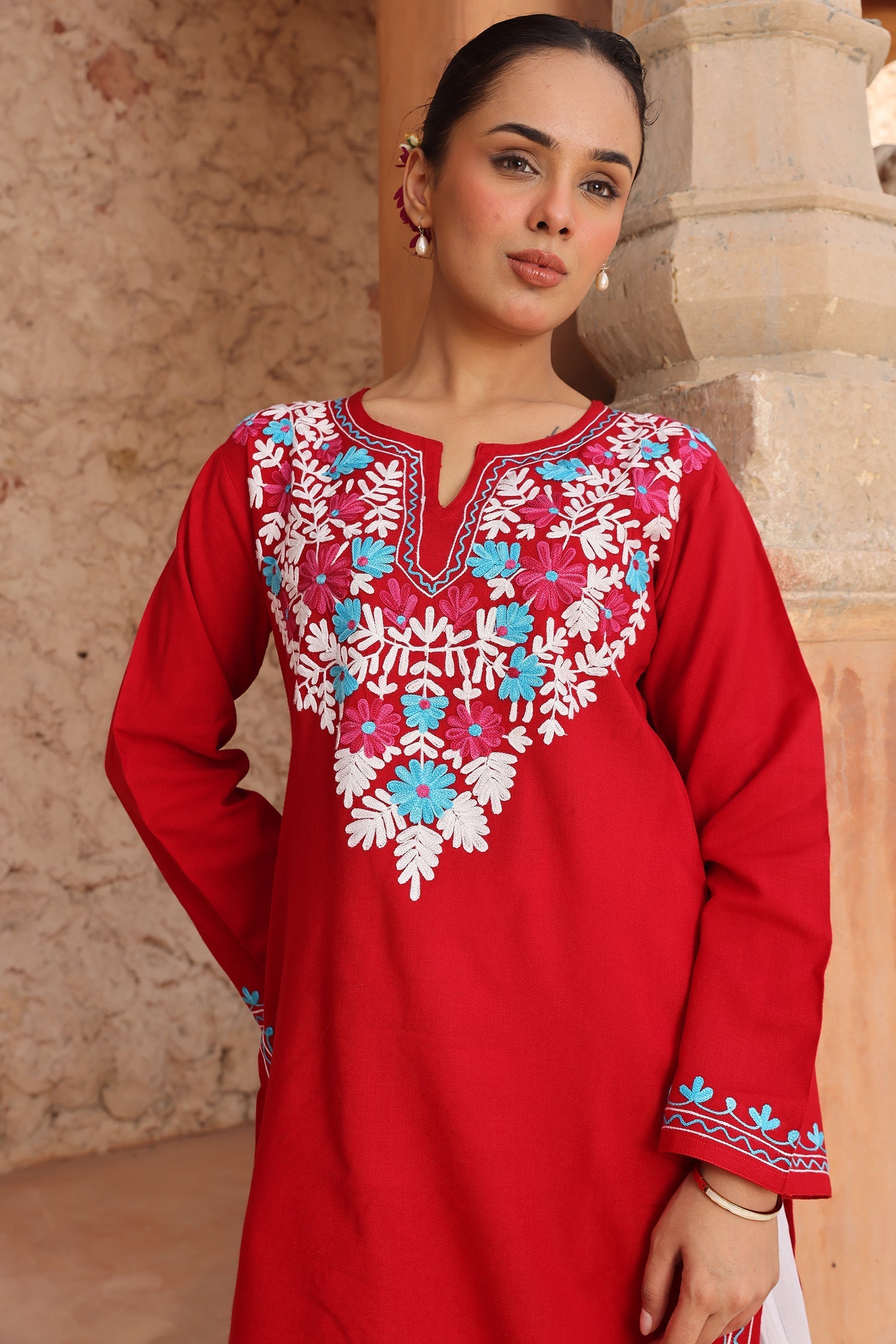 Cotton Kashmiri Aari Short Kurta – Red