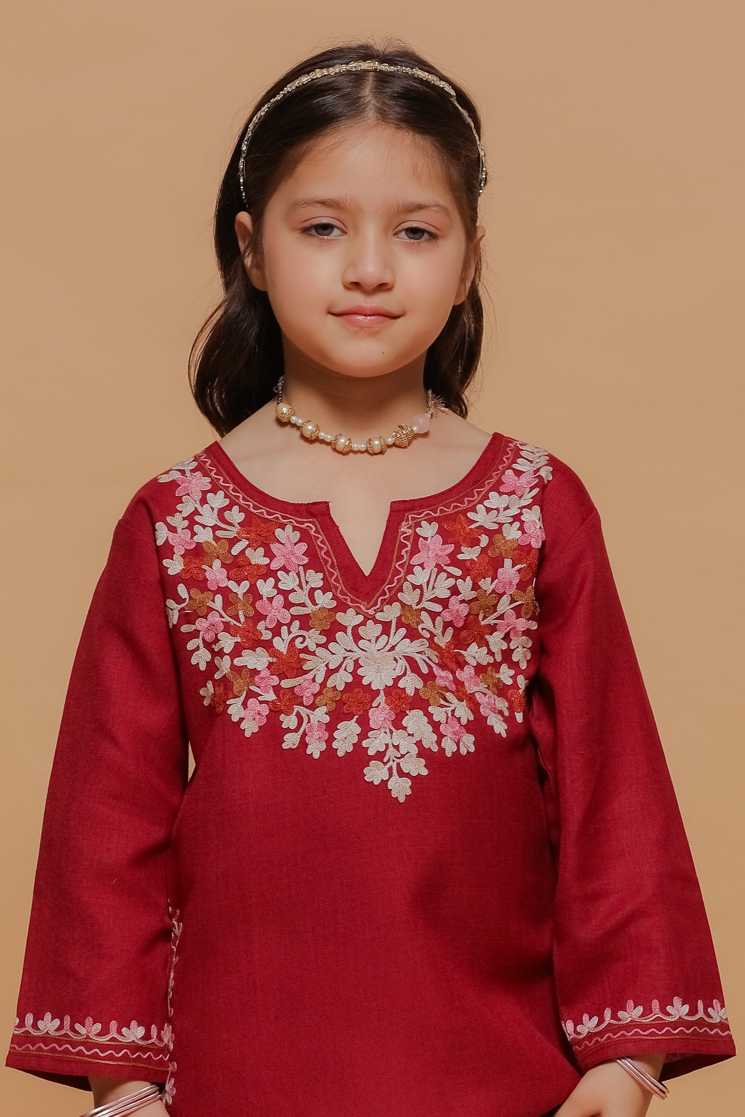 Kids Maroon Cotton Short Kurta with Kashmiri Aari Work